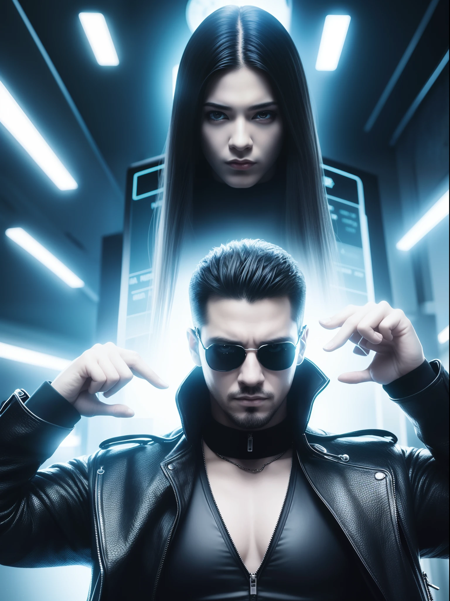 Neo do filme Matrix, High-resolution realistic style, detalhes acentuados, cores vibrantes, striking facial expression, foto real fiel ao filme, stylish sunglasses, roupa preta, Futuristic background with highlighted binary code.
