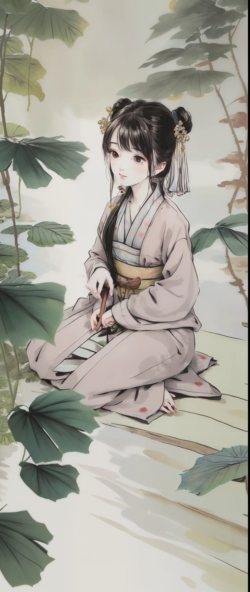 ((4k,masterpiece,best quality)), shuimobysim, Traditional chinese painting, lotuses, Hanfu, maxiskit, Dress conservatively, ssmile, Sit cross-legged, The barefoot,little monks,Behind are the steps