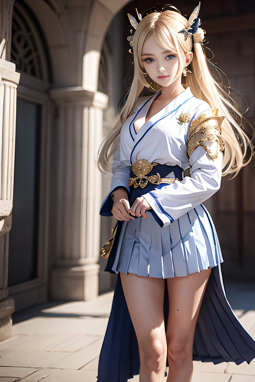 bright expression、poneyTail、Young shiny shiny white shiny skin、Best Looks、Blonde reflected light、Platinum blonde hair with dazzling highlights、shiny light hair,、Super long silky straight hair、Beautiful bangs that shine、Glowing crystal clear attractive big blue eyes、Very beautiful nice cute 16 year old girl、Lush bust,Beautiful detailed eyes, beautiful detailed nose,(( Full body:1.25)),Makeup that the eyes emphasize、((Pleated skirt with many folds:1.3)),(Women like Joan of Arc:1.3)、(bathrobe:1.3)、Knights, (Hold your sword and shield:1.2),Royal style,Comic style, , Sub-surface scattering, ornate detail, nature backdrop, Hyper-realistic, Cinematic, Dramatic Lighting, masutepiece、(Decorated armor)、(Wearing an aura:1.5)、circlet、((Princess Knight))、frilld、War Maiden、Knights、((Onmyoji:1.5))、