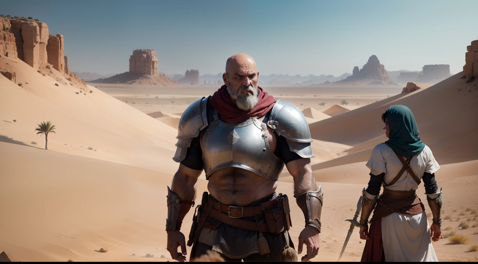 mulher com tunica e veu, vai ao encontro de um gerreiro careca e com barba, Strong man in armor coming from an epic battle background image a village in the desert