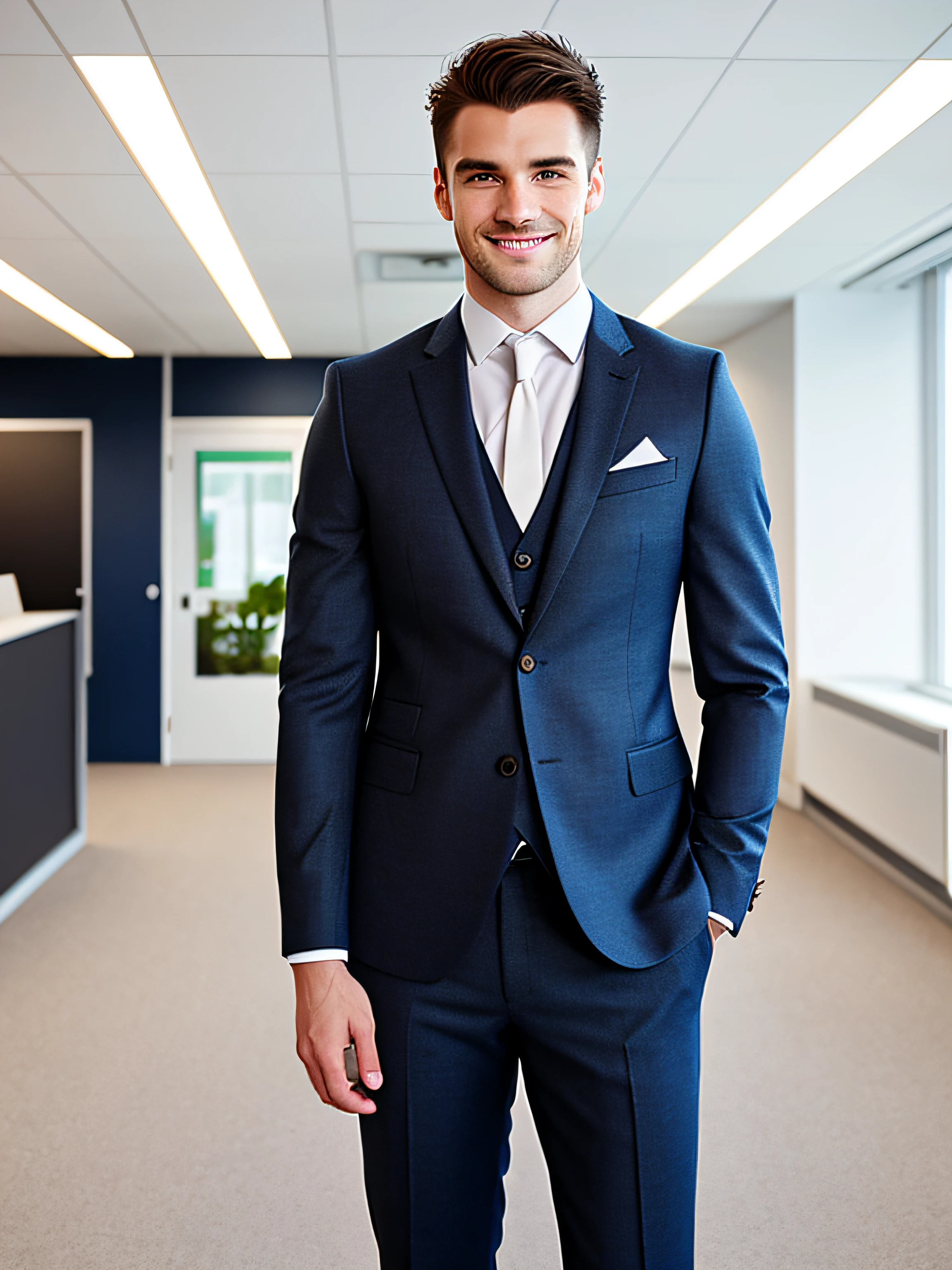 portrait, cute, male model, man of scottish origin, fair skin, medium hair straight black, heterochromatic eyes, (skin texture), skin pores, shallow depth of field, sharp eye focus, backlit, tapered nose, with smile, standing, full body, office room，Thin, tight suit, standing, tmasterpiece