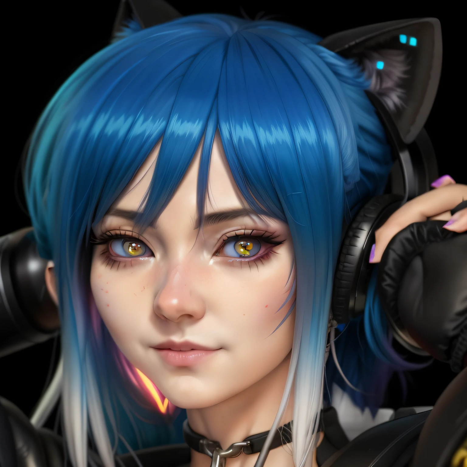 um close up de uma pessoa com fones de ouvido e uma orelha de gato, Retrato de Jinx de Arcane, Retrato do personagem darksynth, Personagem de videogame Katana Zero, 2 d estilo anime, Jet Black Haired Cyberpunk Menina, ig studios estilo anime, inspirado por Li Shida, O retrato da menina cyberpunk, jinx expression, imagem do avatar, arte oficial do personagem, inspirado em Leng Mei
