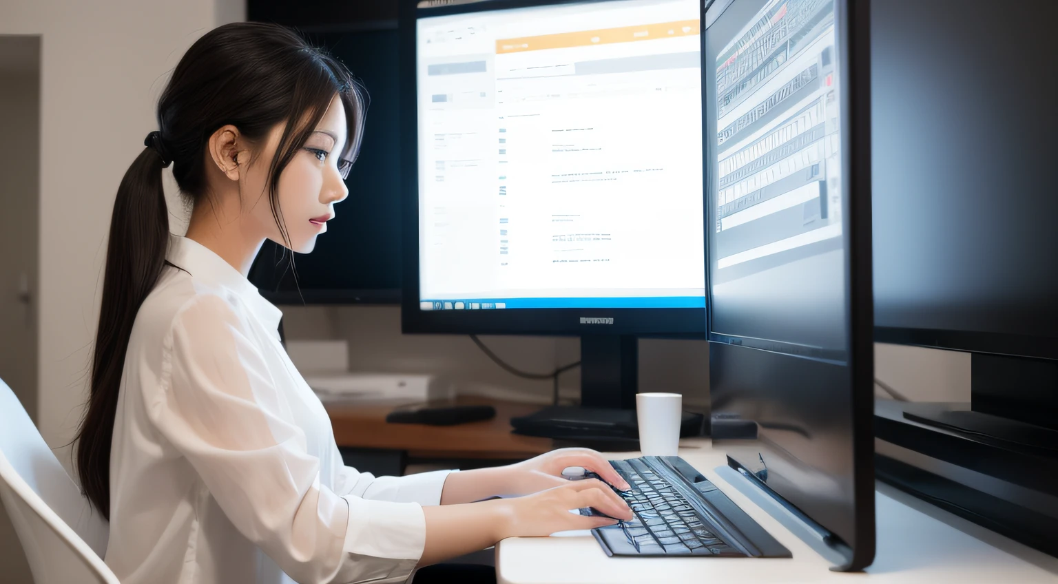 1 woman, typing a keyboard, desk, big screen, white blouse, ponytile