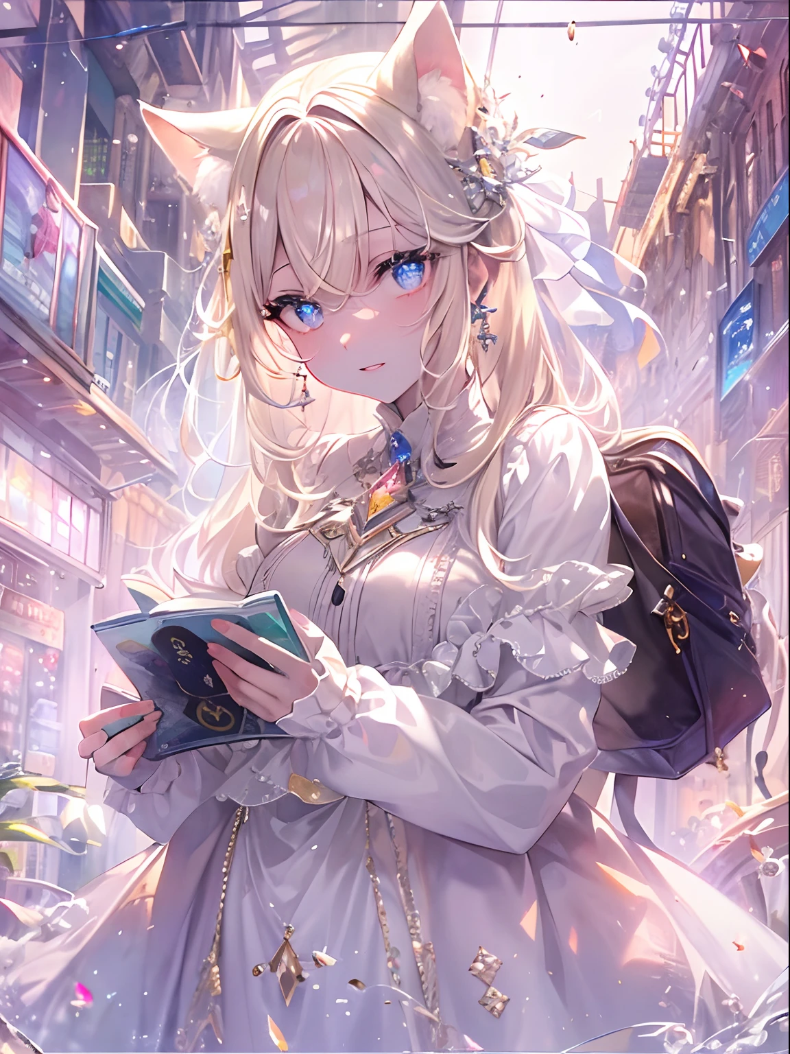 ((masterpiece、top-quality、Watercolor art、Official art、Beautifully Aesthetic:1.2))、(1girl in:1.3)、(rainbows:0.3)、full body Esbian、((Glitter pupils))、patterns、Writing、((Shy face))、(Standing)、(Hyper-detailing), ((delicate detail)), (intricate detailes), ((ciinematic light, best quality backlight)), highcontrast, ((The best lighting, extremely delicate and beautiful)), ((ciinematic light))、(ray trace reflection、brilliance)、((glowing aura))、((Radiant hair))、((The ultra-detailliert))、((8K)),((White skin color:1.4)), Active smile、Focus on the eyes、a blond:1.3、Shake your head、Maid costumes:2、looking at the viewers、New York in the background:1.3、morning、Cat's ears、odd eye