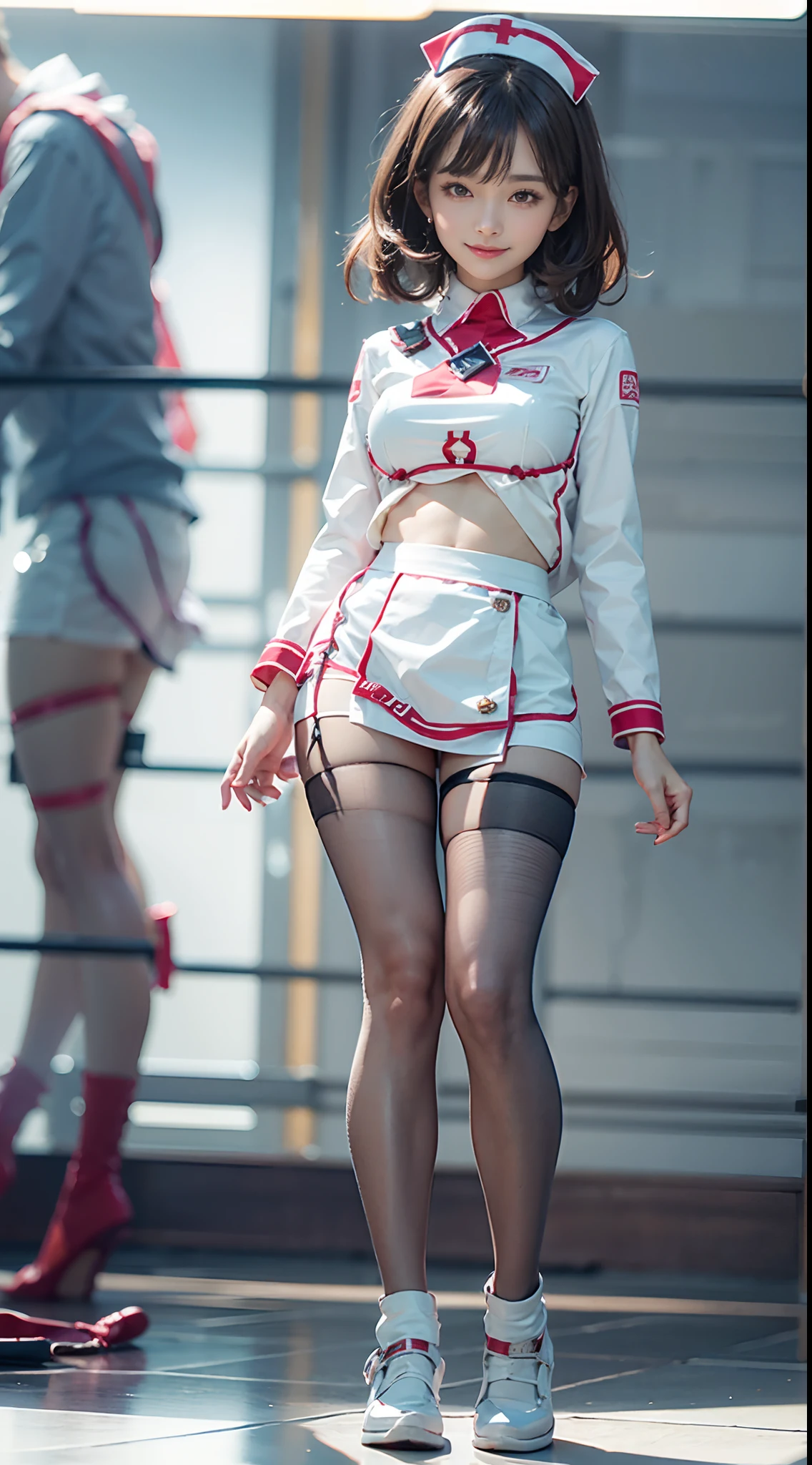 NSFW, 1womanl, (Well-formed face), (Ideal ratio body proportions), Hospital Room, Sunnyday, (Nurse clothes in miniskirts), (skirt rift), (((Hold the skirt with both hands、show off panty))), ((lift skirt myself)), (Show off your panties to the camera), ((Squat and spread your legs and knees)), long , Smiling smile, de pele branca, A slender, Dark hair, short-hair, Skinny Legs, beauty legs, Small buttocks, skinny legs, surrealism, Cinematic lighting, depth of fields, One-person viewpoint, F/1.8, 135 mm, canon, nffsw, masutepiece, ccurate, Anatomically correct, Textured skin, Super Detail, high details, High quality, awardwinning, Best Quality, hight resolution, 1080p, 4K, 8K