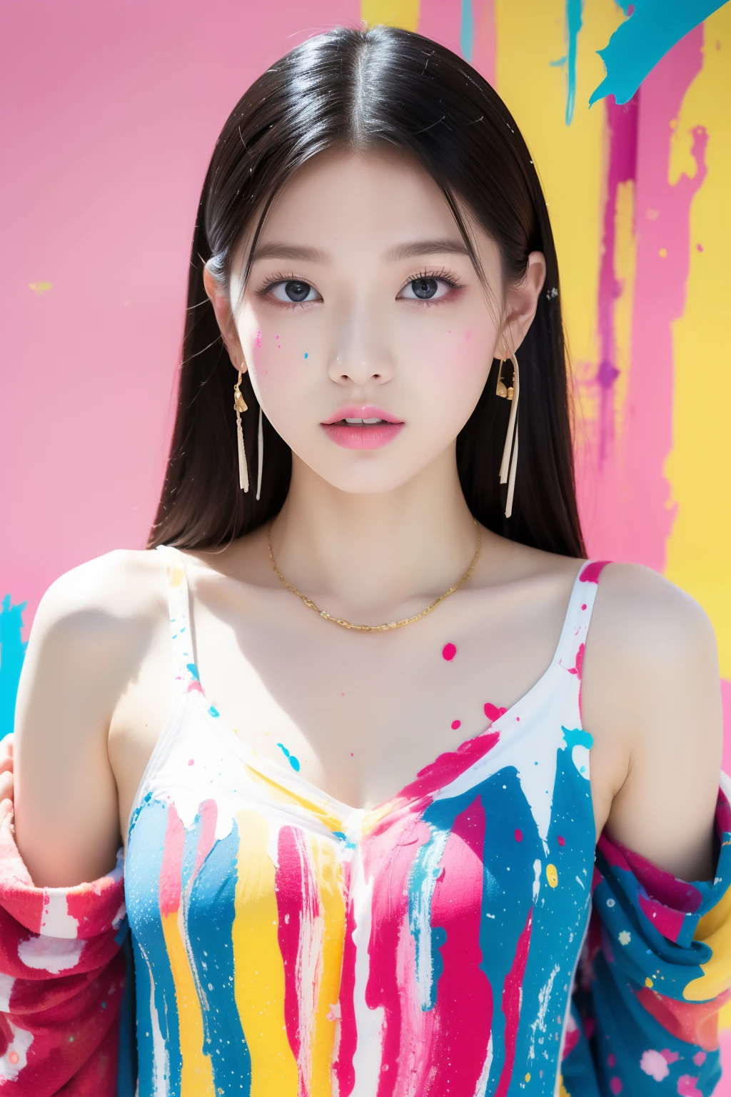 (top-quality、8K、32K、masterpiece)Background splattered with colorful paint、idol、
