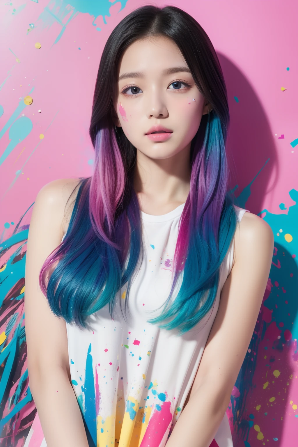 （top-quality、8K、32K、​masterpiece）Background splattered with colorful paint、idol、