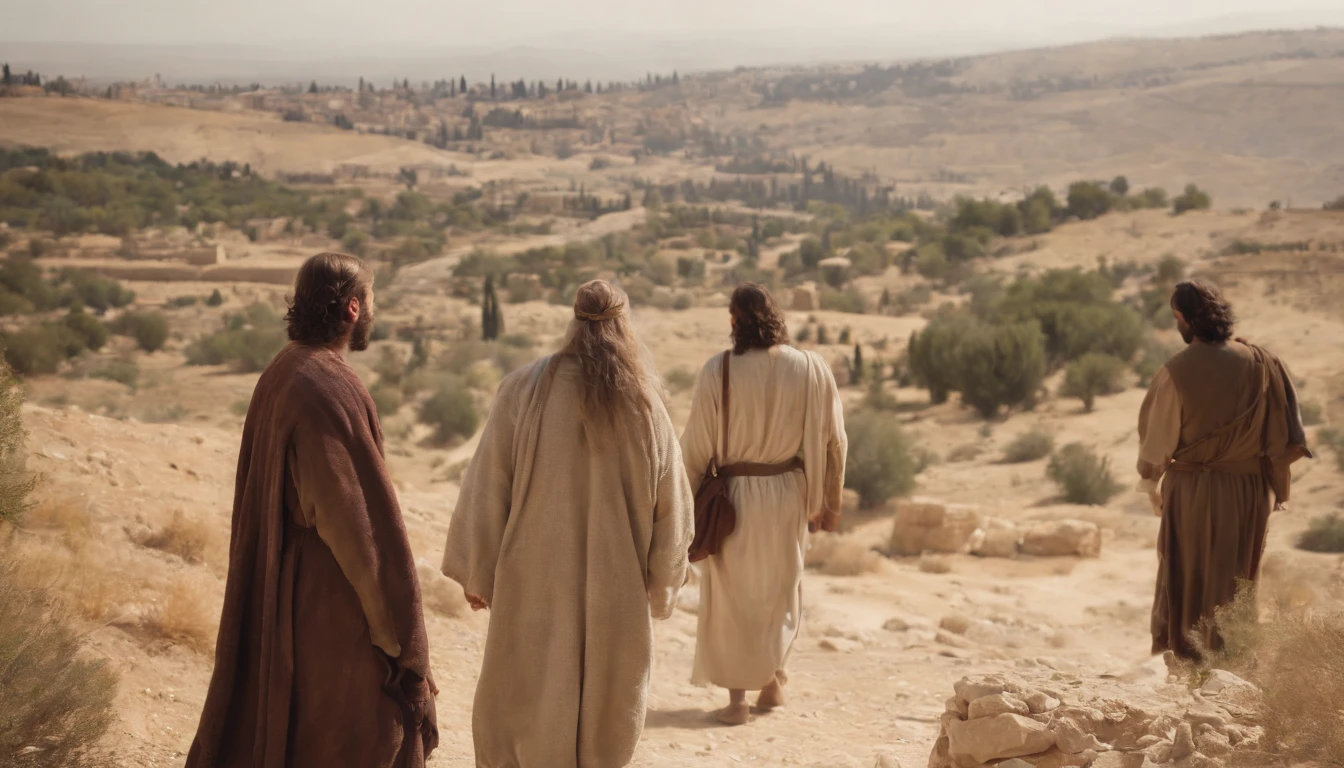 imagem realista, extremely high-resolution, 8k, Jesus and His Brothers in the Wilderness, Near the city of Jerusalem