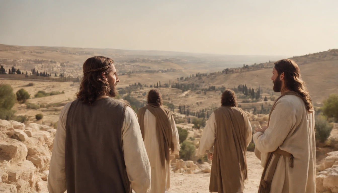 imagem realista, extremely high-resolution, 8k, Jesus and His Brothers in the Wilderness, Near the city of Jerusalem