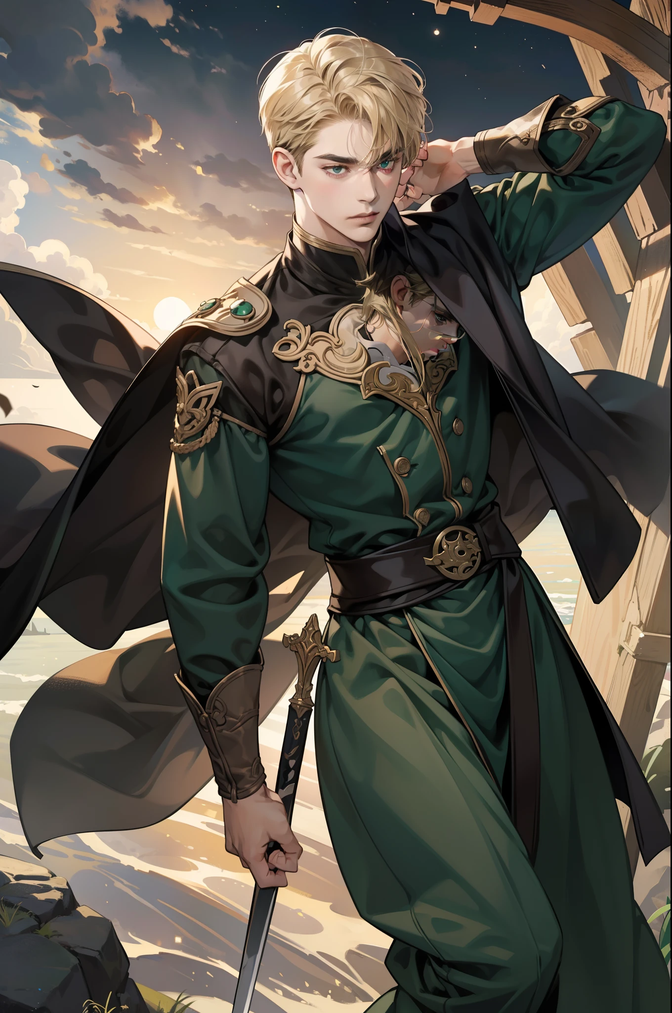 masterpiece, best quality, realistic, 1man, mature male, quiet and charming young man, 18 years old, close his eyes, closed mouth, extremely detailed face, a little distant, ((dark green eyes)), ((short-side-swept sandy blonde hair)), [thick eyebrows], ()wave the sword)), look serious, in action, 4K, full body, ((black cloth)), (moonlight), in the night, (warm tone)