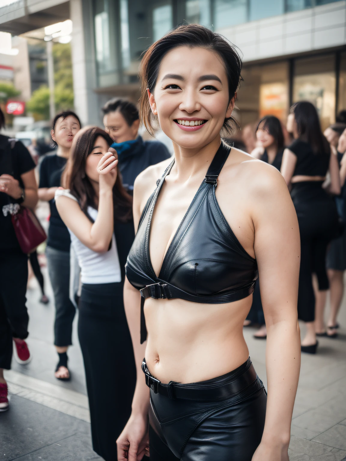 ((Black leather belt bra_Leather Bondage Harness Underwear:1.2)),(gargantilha:1.0),(Provocative black leather one-piece underwear_Very revealing high-leg cut:1.2),(8K, Raw photo, Best Quality, masutepiece:1.2), (Photorealism), (Highly detailed CG Unity 8k wallpaper), ((1girl in)), (NSFW),35㎜ film,depth of fields,((A MILF_femele:1.２)), 1 Japan Woman, Beautie, 45 yers old,(((hair slicked back)))、,A little ugly face,Beautie,Big seductive smile、naughty expression、Heavy breathing,Full body shot, Wrinkles at the corners of the eyes, ((lare breasts:0.6)),((standing nipple:0.6)),((areolae slip:1.2))、Small breasts、blush、Seductive smile、naughty expression、Heavy breathing、Outdoor photography_On the streets of the city,(((Detailed))),during daytime,