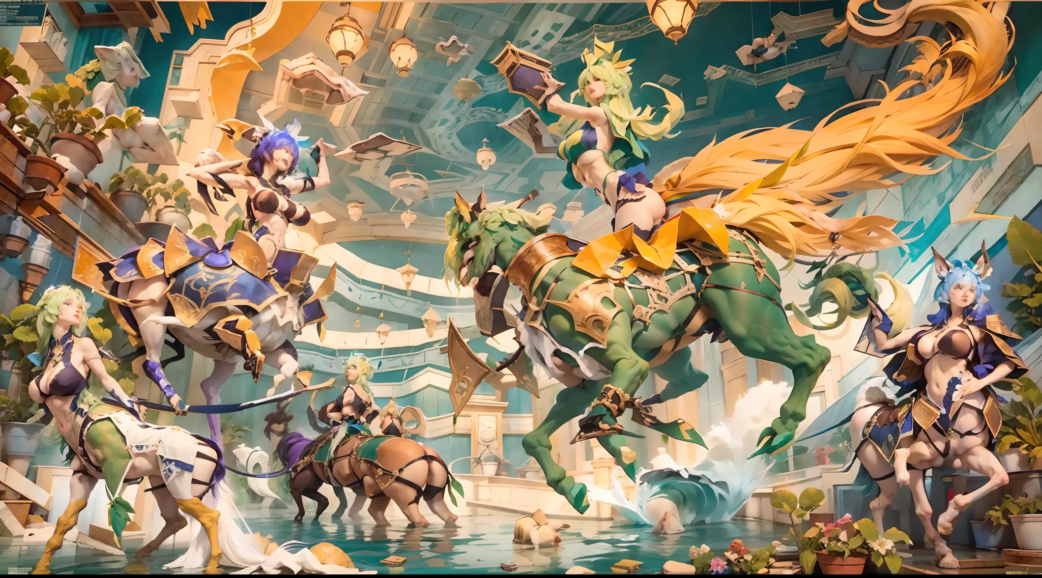 In the beautiful illustration of this super-grand scene，The ultra-long-range lens is shown（Over eight unique centaur characters：9.9），They all have their own characteristics，Vivid and interesting。Radiant angelic centaurs from the heavenly realm，To the hellish centaurs surrounded by nightmarish flames，And then to the Wind Fairy Centaur dancing in the air，There are also one-horned centaurs surrounded by thunder and lightning，and mechanical centaurs that shine with metallic light，And then to the powerful dragon centaur with colored dragon scales covering the whole body，The elegant and agile elf centaur always wears a flower crown with its slender graceful lines，Enchanting and charming Tiflin centaurs。Each character has their own unique charms and abilities。The illustration uses advanced artistic techniques and tools，（Divide the scene into sections by geometric arrangement：9.9），Each section corresponds to a centaur character，This makes more efficient use of space。Through Midjourney's advanced brush tools、Color palette、Material packs and model packs，For each centaur, beautiful props are designed to increase racial characteristics、Clothing and physical features，Enhances the character's personality and visual appeal。The scenery in the illustrations is stunning，There are changing skies、rainbowing、extreme light、Stars and Moon。Incorporating iconic landmarks such as Mount Everest，and fireworks、tranquil lake、Natural and urban elements of waves and neon lights，Creates a magical atmosphere。The centaurs display their unique abilities and equipment in a variety of environments，This is true even in extreme alien landscapes。（Use Midjourney's tools、Material packs、Texture tools、The color palette makes depicting details vivid and realistic：9.9），From complex hairstyles and as well as different racial traits、Body、Appearance features、Clothing to real textures，This greatly enhances the realism of the characters and surroundings。The fusion of multiple art styles adds movement to the centaur's