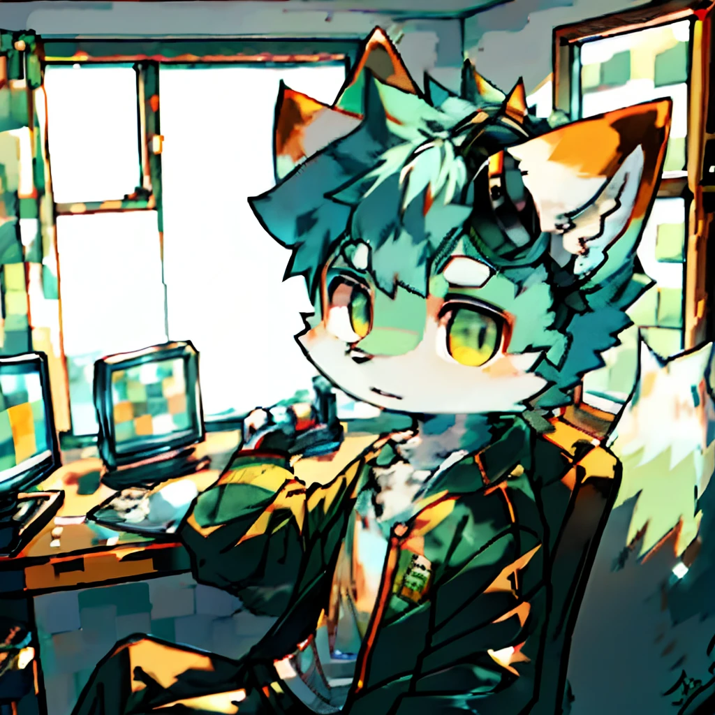 Fox Boy，8 year old boy，wearing headphone，Minecraft players，The computer displays Minecraft games，There are Minecraft characters in the room