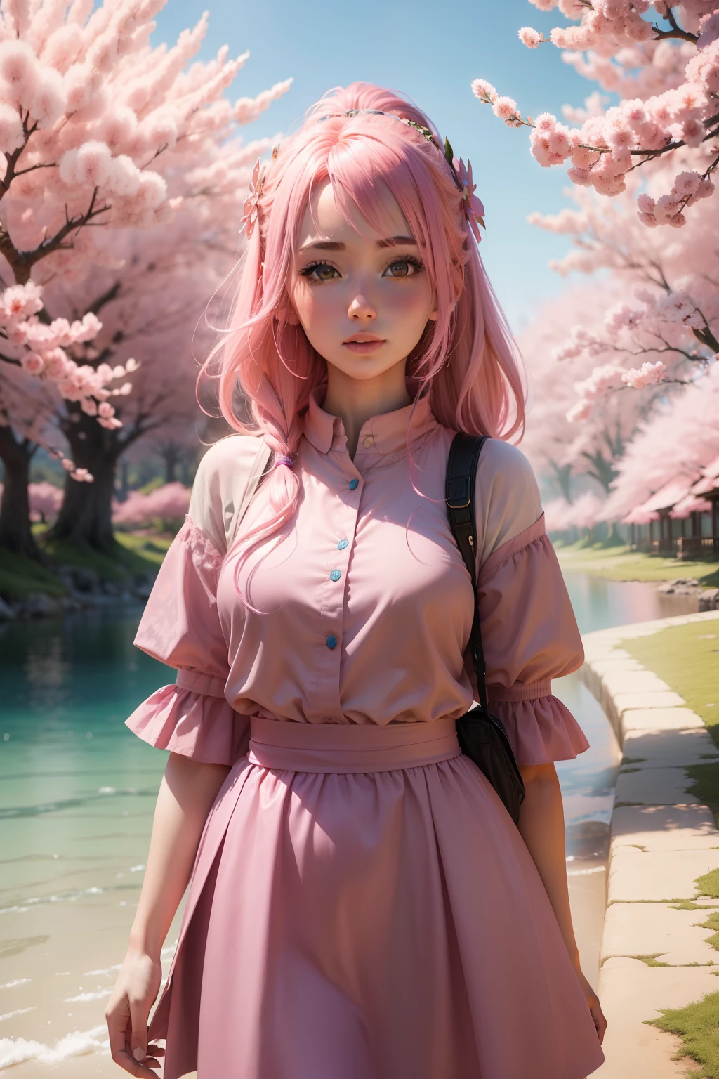 1girl, pink hair, ambar eyes, beautiful sakura florest landscape, 4k, super detailed, semi-realistic, colorful