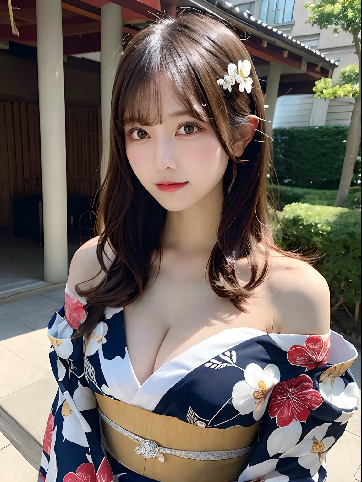 masutepiece, Best Quality, Illustration, Ultra-detailed, finely detail, hight resolution, 8K Wallpaper, Perfect dynamic composition, Beautiful detailed eyes, Kimono, Off-shoulder, cleavage, Full body