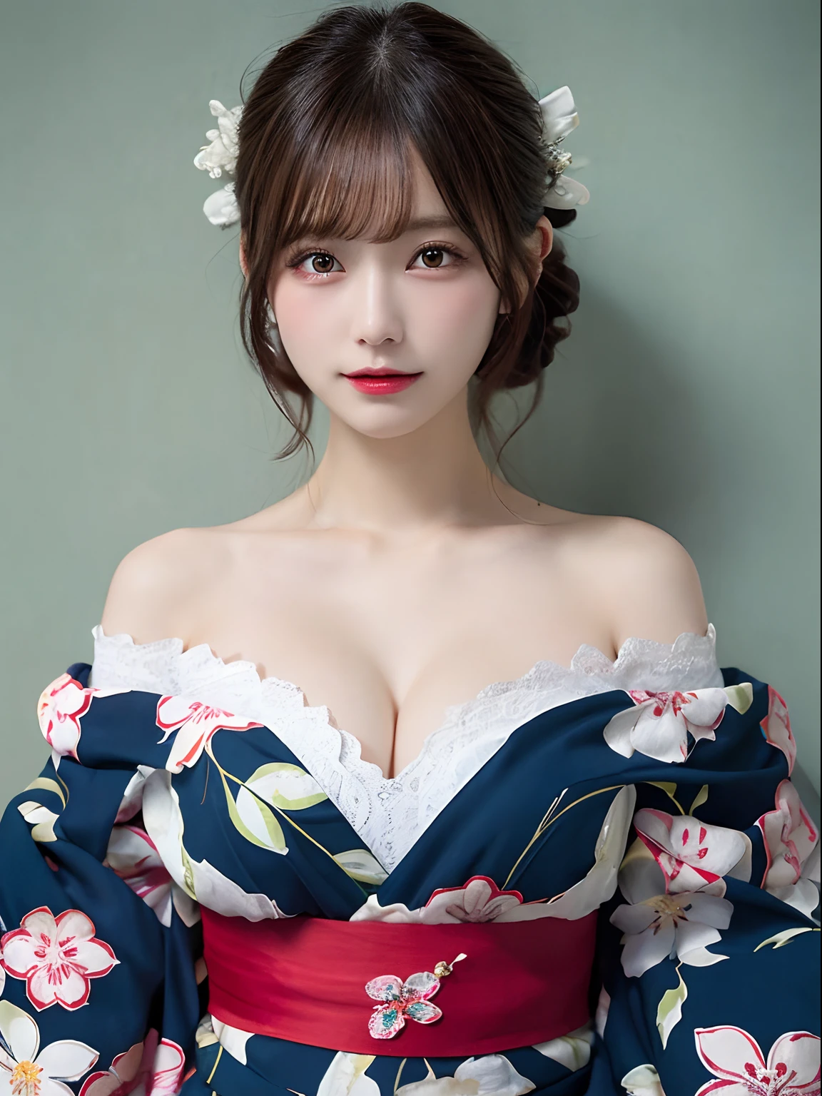 masutepiece, Best Quality, Illustration, Ultra-detailed, finely detail, hight resolution, 8K Wallpaper, Perfect dynamic composition, Beautiful detailed eyes, Kimono, off-shoulder, cleavage