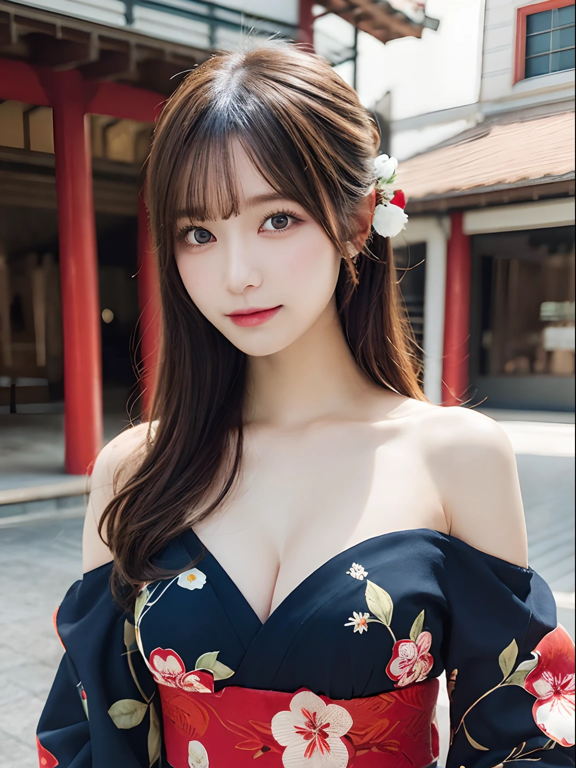 masutepiece, Best Quality, Illustration, Ultra-detailed, finely detail, hight resolution, 8K Wallpaper, Perfect dynamic composition, Beautiful detailed eyes, Kimono, Off-shoulder, cleavage, Full body