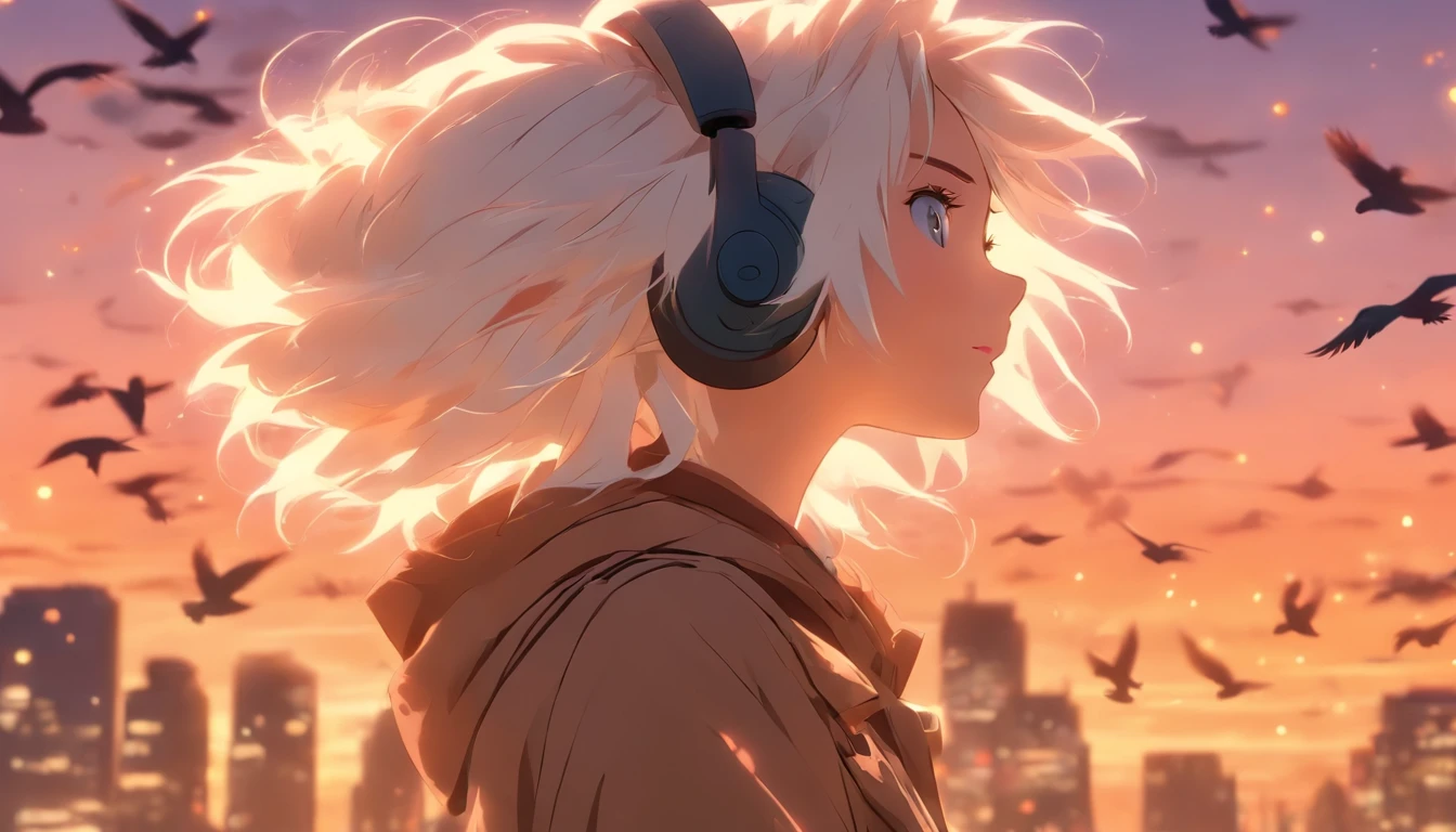 a girl with white hair wearing a brown coat and headphones, looking sideways at the bustling city with birds flying in the sunset glow, (best quality, 4k, highres, ultra-detailed), with an artistic touch of pencil sketching, vibrant colors, and soft lighting