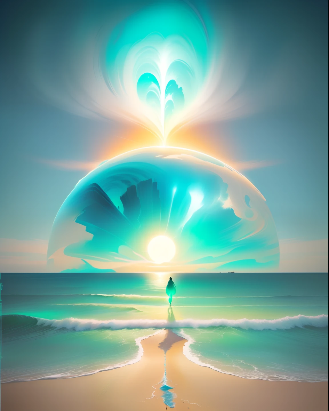 uma pessoa andando em uma praia com um grande olho verde ao fundo, , arte digital 4k inquietante, dreamlike digital painting, uma pintura digital expressiva, visuais de outro mundo, inspirado em Cyril Rolando, blurry and dreamy illustration, spirits coming out of portal, bipe de recuo, cores planas surreais, beeple daily art
