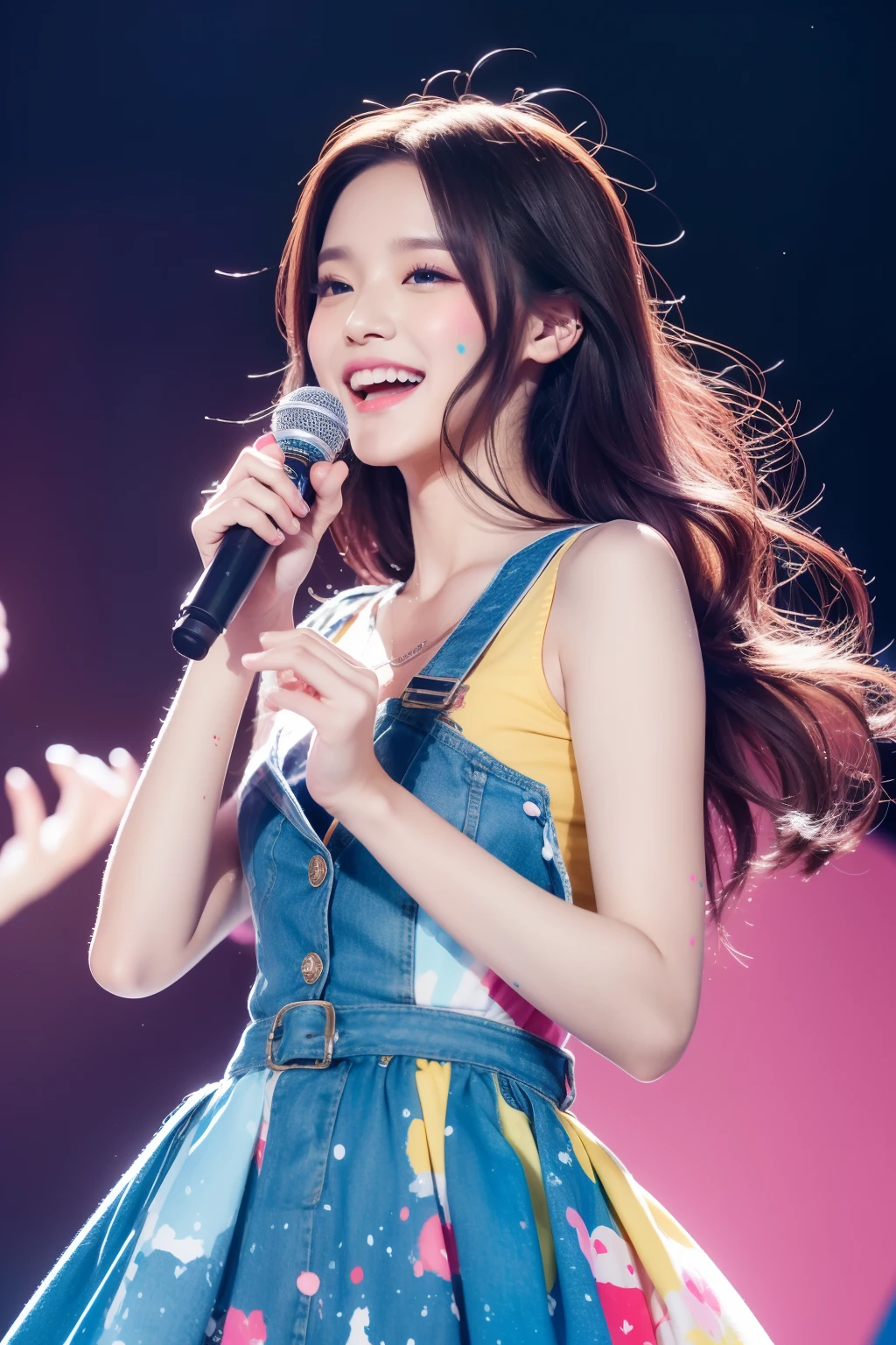 (top-quality、8K、32K、masterpiece)Background splattered with colorful paint、Idol、Hair fluttering in the wind、Singing with a microphone