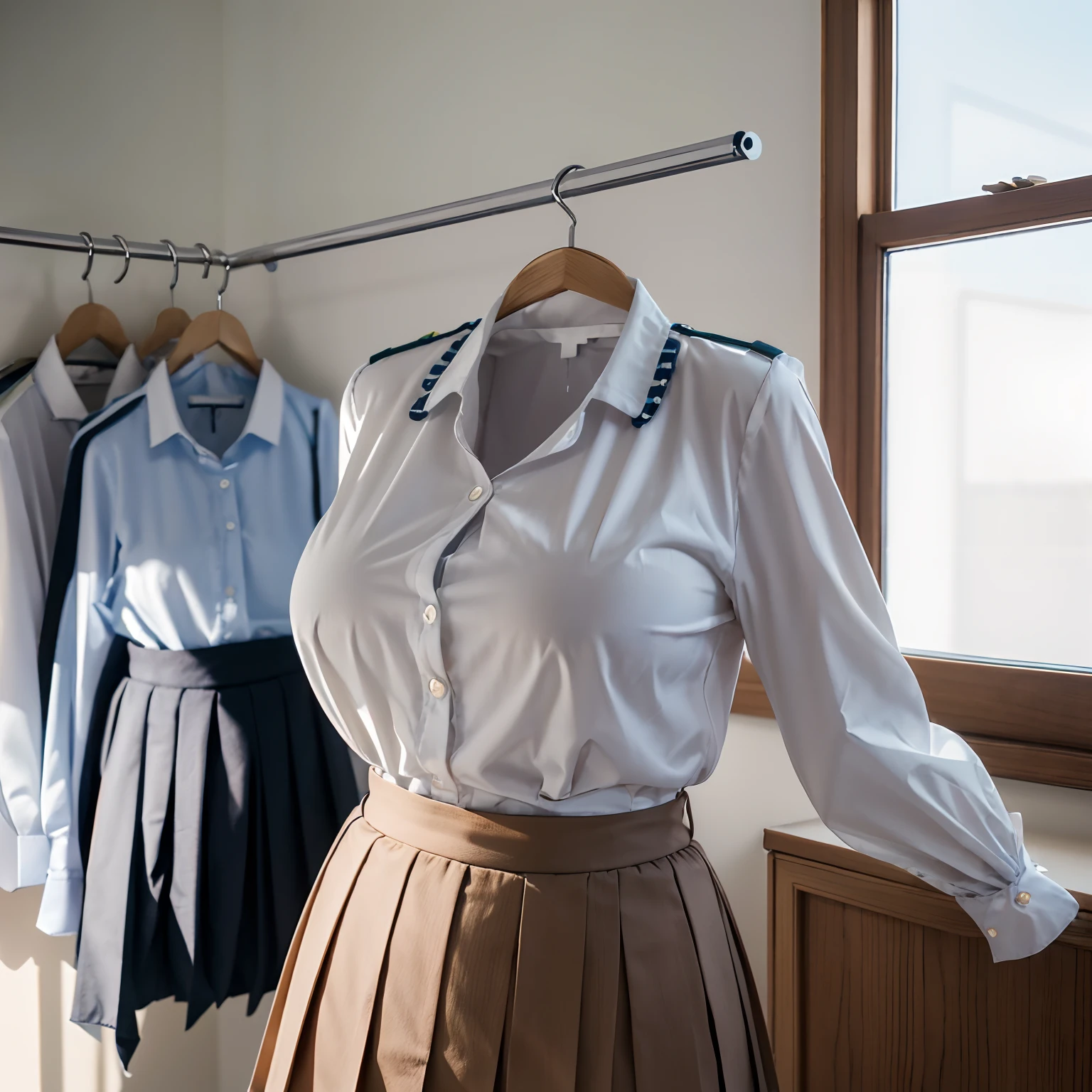 (girls' school blouse on hanger:1.7) , (school blouse on hanger swells as if worn by invisible girl:1.7),((invisible, no humans:1.7, headless:1.7, handless, legless)), (big breasts:1.9),(on bed),(arms up),
(8k, RAW photo, best quality, masterpiece:1.2), (realistic, photo-realistic:1.37),photon mapping, radiosity, ((Hasselblad photography)),physically-based rendering,