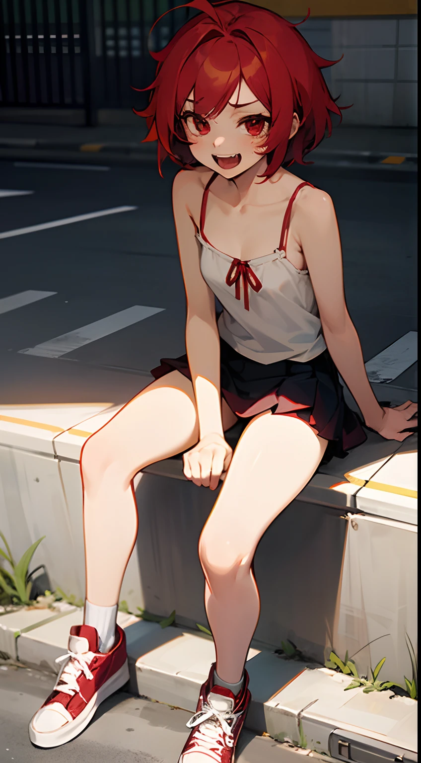 Beautiful girl with short red hair、Shoulders are visible、Ragged hair、a miniskirt、Visible fangs、red eyes、Sit-in、Panties are visible、Street、Camisole、Wearing red sneakers、