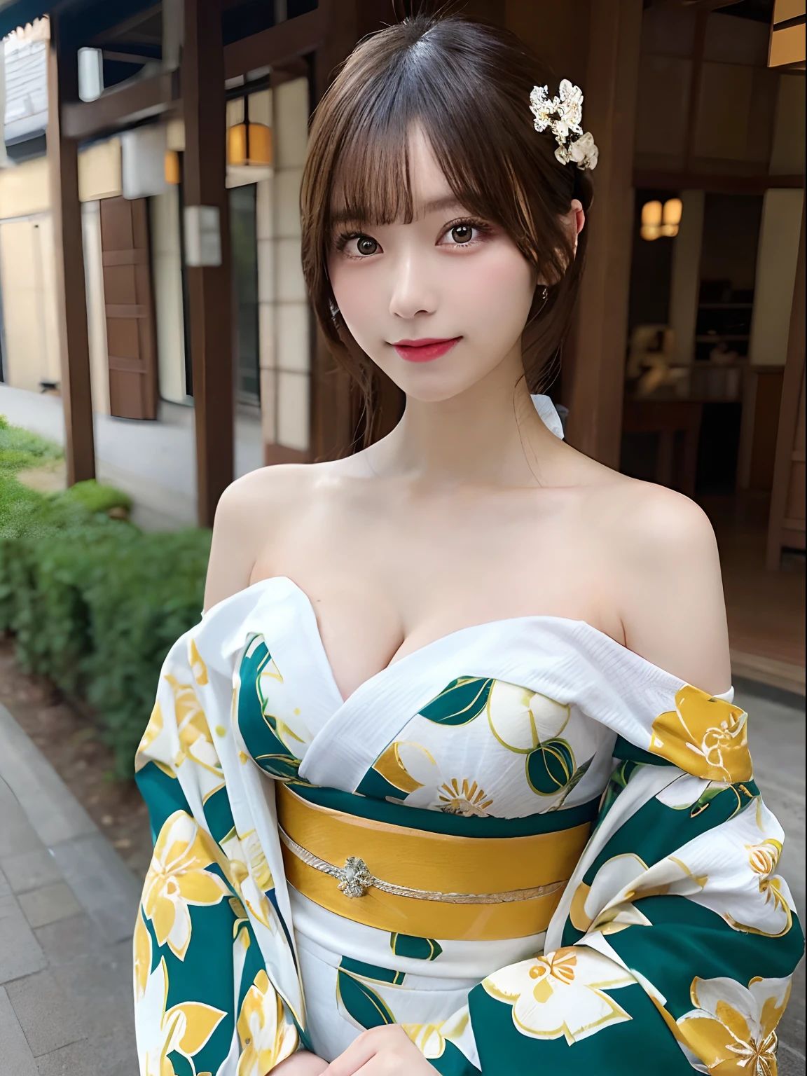 masutepiece, Best Quality, Illustration, Ultra-detailed, finely detail, hight resolution, 8K Wallpaper, Perfect dynamic composition, Beautiful detailed eyes, Kimono, Off-shoulder, cleavage, Full body