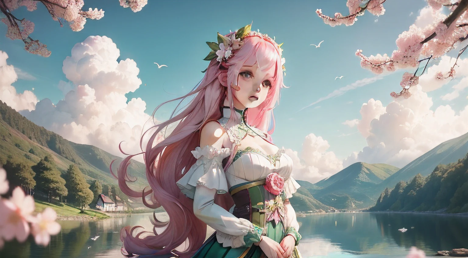 1girl, pink hair, green brilliant eyes, white and green costume, glittering waters, blue birds, beautiful clouds, beautiful sakura florest landscape, 4k, super detailed, semi-realistic, colorful