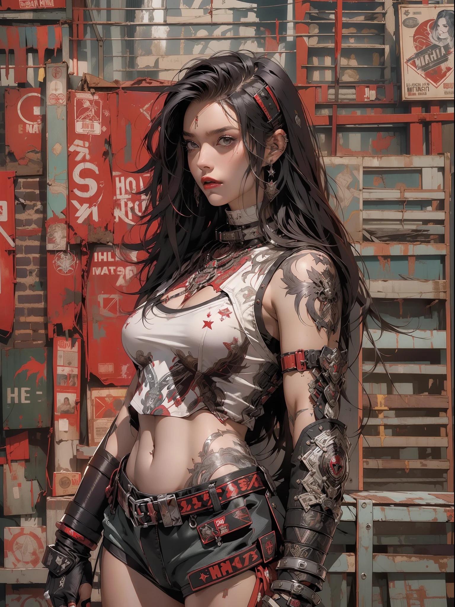 (((mulher))), (((melhor qualidade))), (((obra prima))), (((adulto))), (((1girl))), ((( corte de cabelo bob ))), Uma gladiadora cyberpunk mulher de 25 anos com corpo perfeito, shoulder pads with metal spines, Gladiadores do Brooklyn, (( corte de cabelo bob )), tiny leather panties, camiseta de time de rugby rasgada, quase nua no estilo selvagem urbano de Simon Bisley para a capa da revista Heavy Metal, Cabelo loiro curto, Minimum clothing, Metal protection on the left arm with intricate graphics, Dark red with white stars and white and violet checkerboard pattern, armadura, cheio de pontas e rebites, (((do joelho pra cima))), cabelos loiro branco curto, no fundo uma parede pintada por Shepard Fairey com um design intrincado