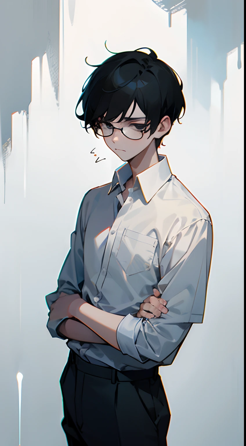 Young man with black hair and glasses、White Y-shirt and slacks、Serious appearance、Calm eyes、Anxious look、Black eyes、Depressed posture、Short-haired man、