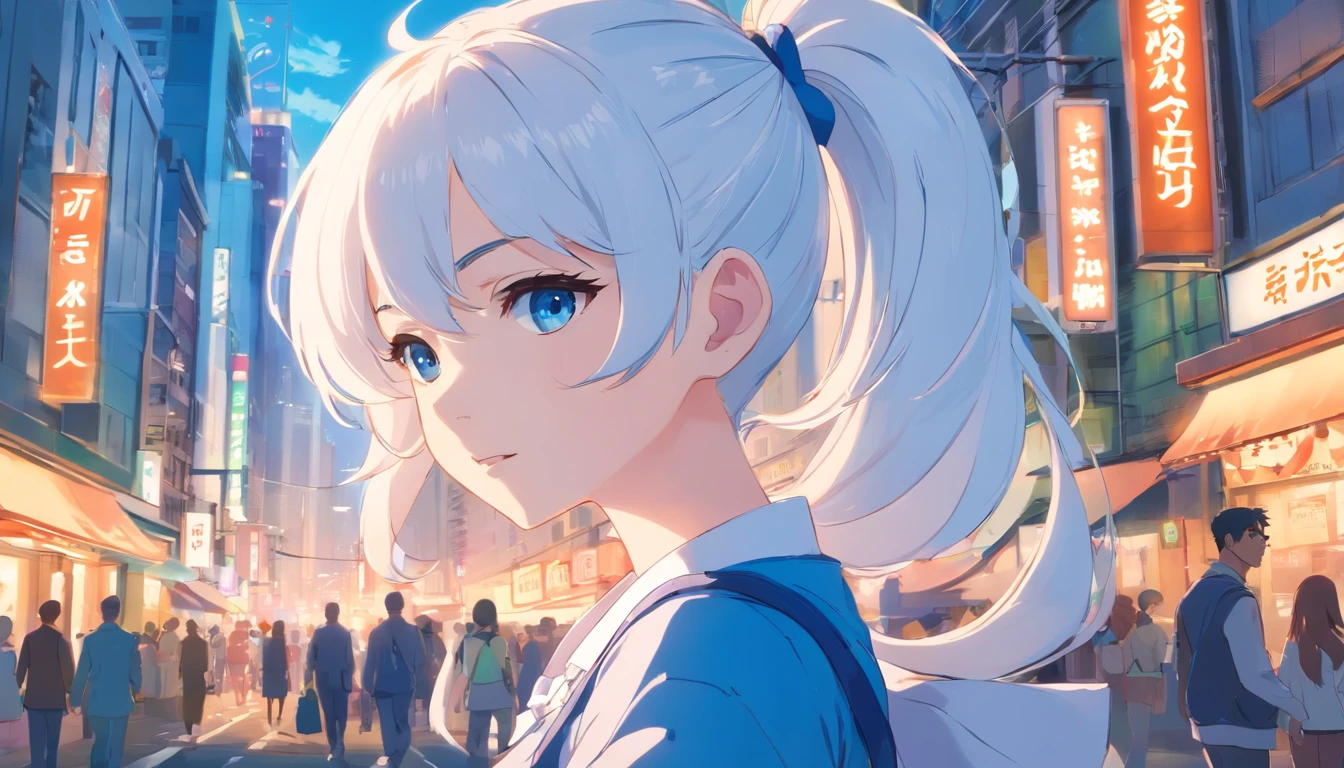 White color hair,Double ponytail curls,blue color eyes,White ta,Beth,A bustling city street