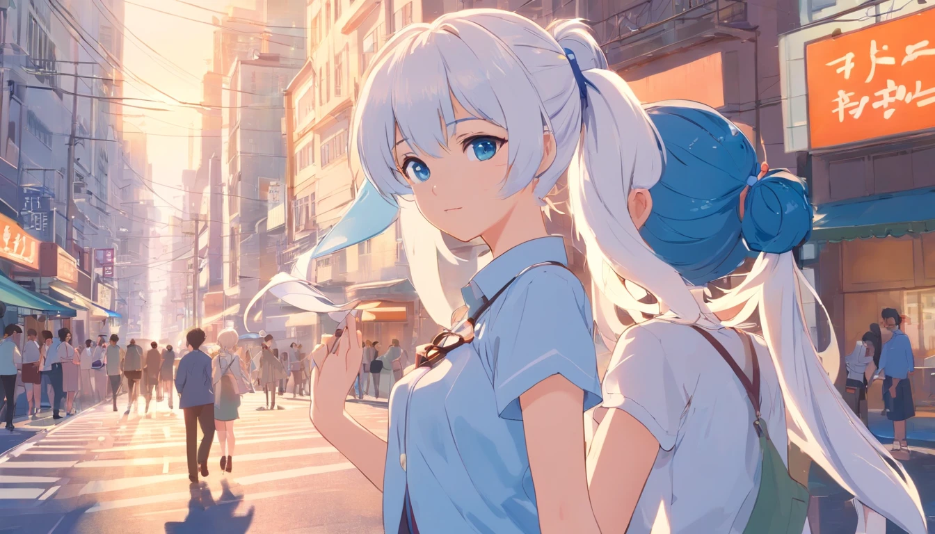 White color hair,Double ponytail curls,blue color eyes,White Lolita,Beth,A bustling city street