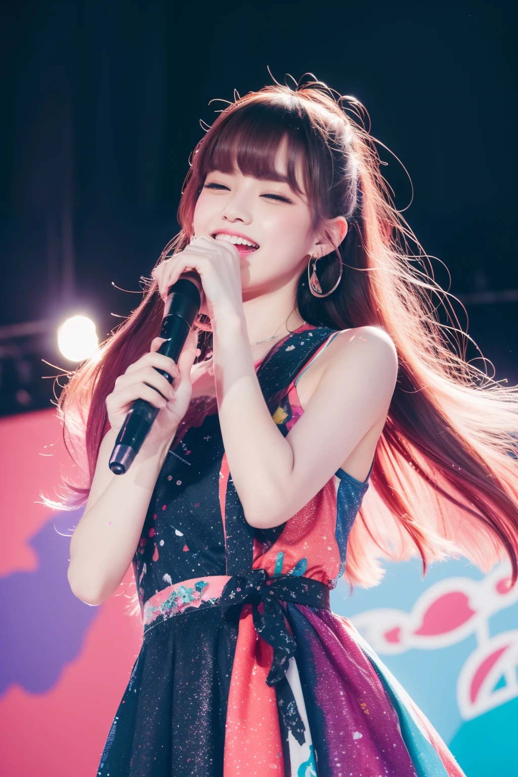 (top-quality、8K、32K、masterpiece)Background splattered with colorful paint、Idol、Hair fluttering in the wind、Singing with a microphone