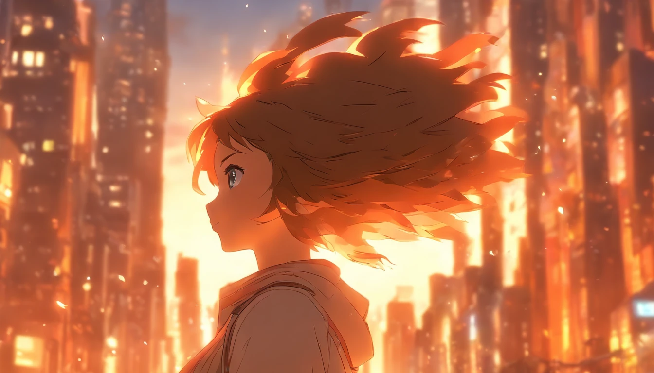 uma menina com cabelo branco vestindo um casaco marrom e fones de ouvido, Looking sideways at the bustling city with birds flying in the glow of the sunset, (melhor qualidade, 4k, Altas, ultra-detalhado), with an artistic touch of pencil drawing, cores vibrantes, and soft lighting