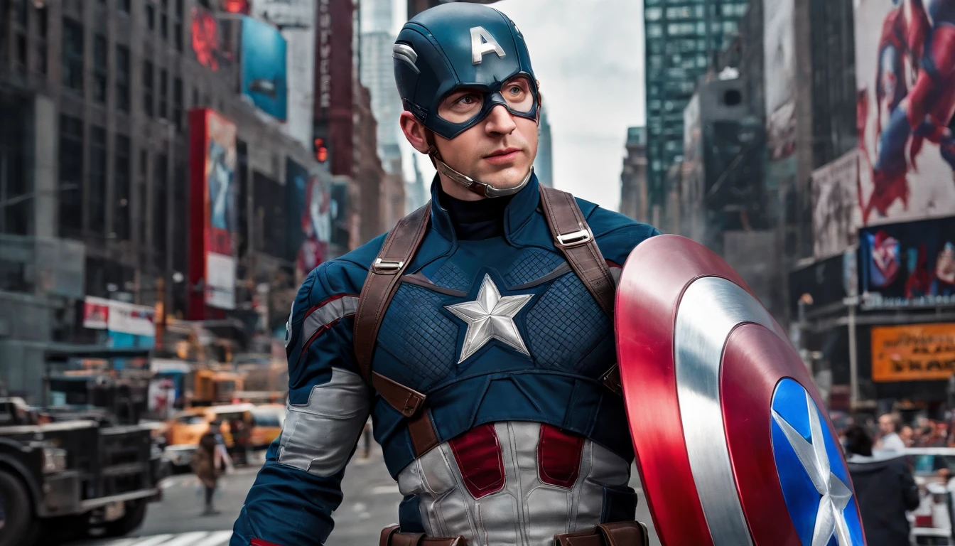 Marvel Cinematic Universe, Captain America Steve Rogers, in Times Square, New York City. Confidently striding through the bustling square, holding his iconic shield, gleaming in the intense futuristic light. Full body shot, facing the camera with determination. Remarkable attention to detail in costume and expression, vividly portrayed in glorious 8K resolution. Shot with a state-of-the-art camera setup and extensive post-processing for a jaw-dropping visual experience. A true masterpiece showcasing Captain America's essence in the heart of the city that never sleeps. Full-body, reflection, many details, a lot of detail.