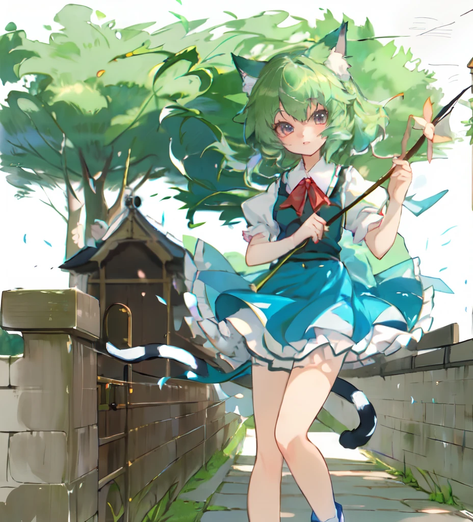 Anime character with a cat tail holding a stick and a stick, anime cat girl in a maid costume, Very Beautiful Anime Cat Girl, from touhou, touhou character, anime catgirl, attractive cat girl, Lust, in ryuuou no oshigoto art style, Cat Girl, cirno from touhou, Touhou Project