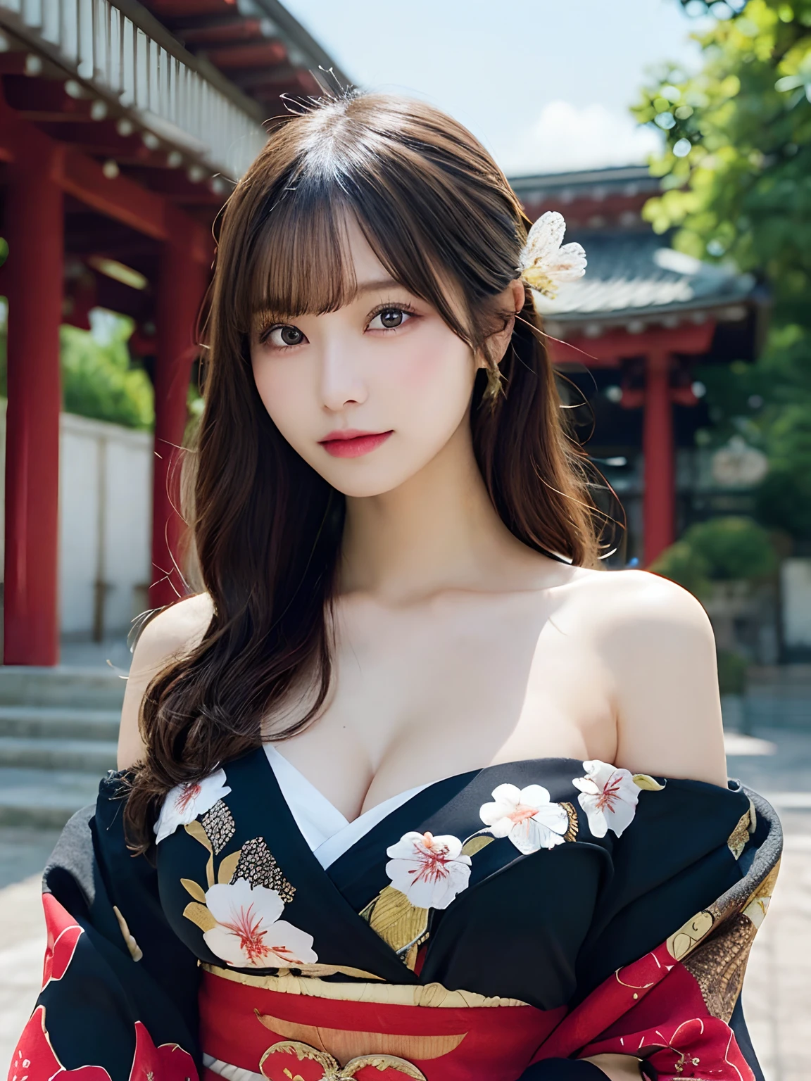 masutepiece, Best Quality, Illustration, Ultra-detailed, finely detail, hight resolution, 8K Wallpaper, Perfect dynamic composition, Beautiful detailed eyes, Kimono, Off-shoulder, cleavage, Full body、huge tit