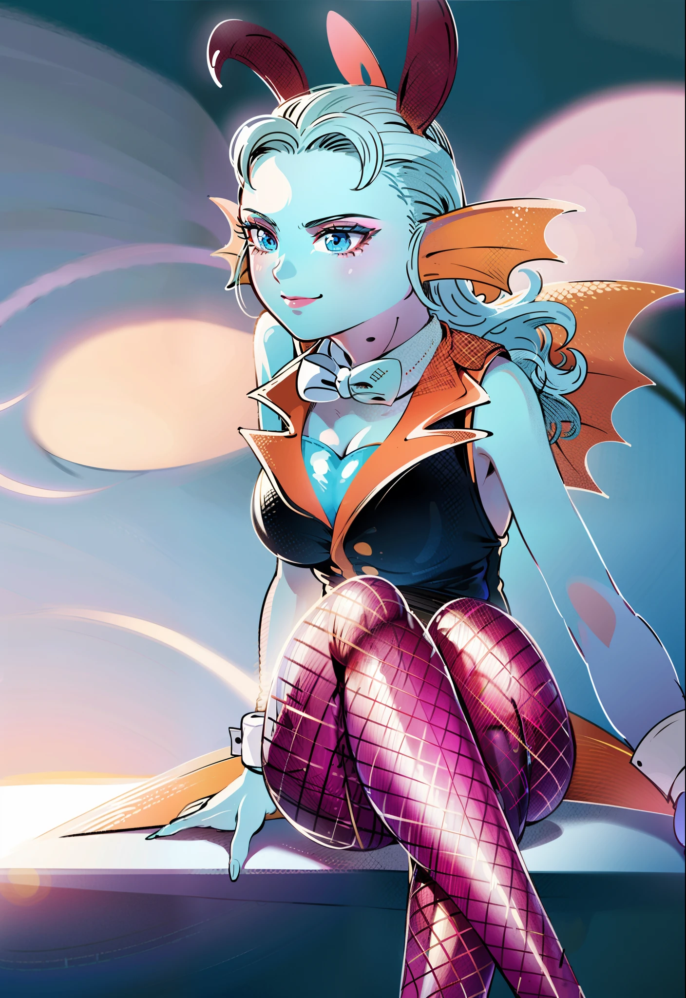 8K, high accuracy, animated, married woman, beautiful, bright, eye highlights, sexy, erotic, beautiful line drawing.
Light blue skin, blue and orange gradient ear fins, bunny girl, bunny suit, net tights on legs, legs crossed,