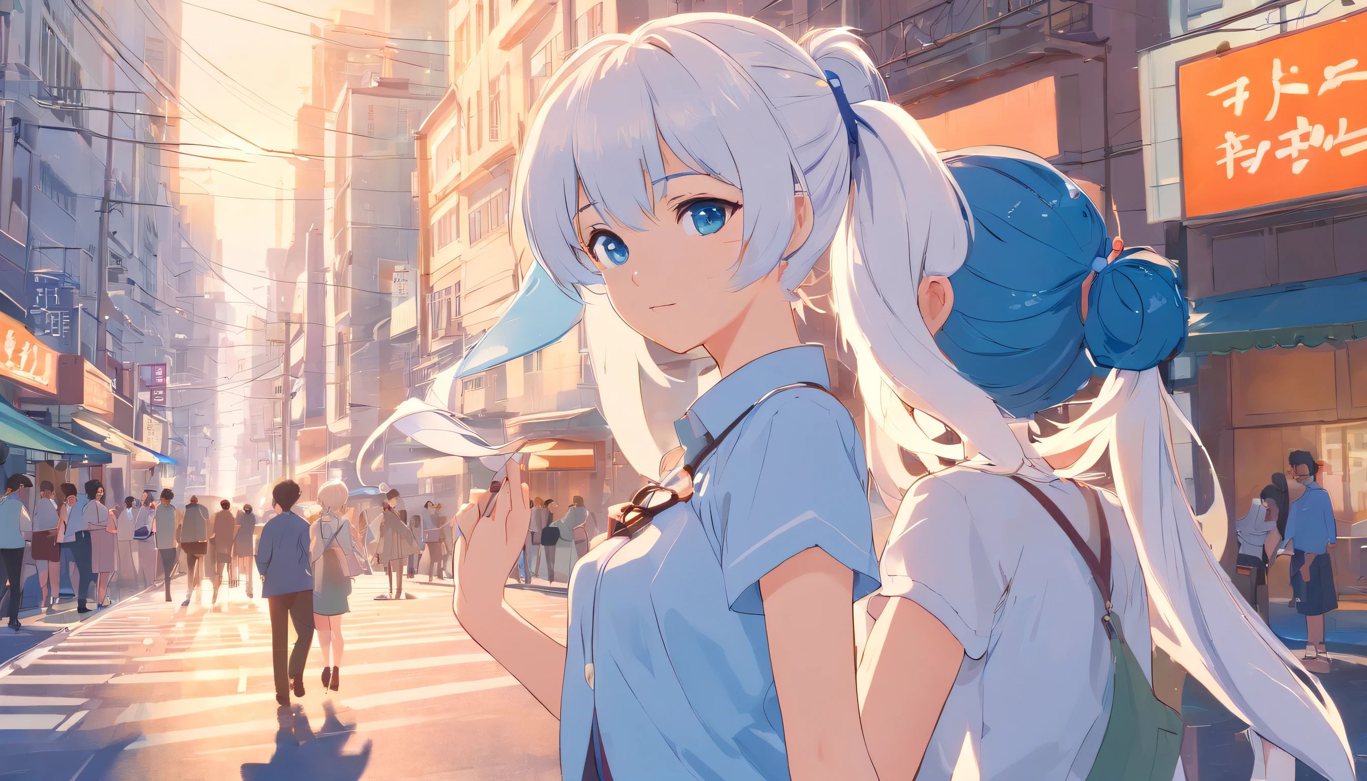 White color hair,Double ponytail curls,blue color eyes,White ta,Beth,A bustling city street