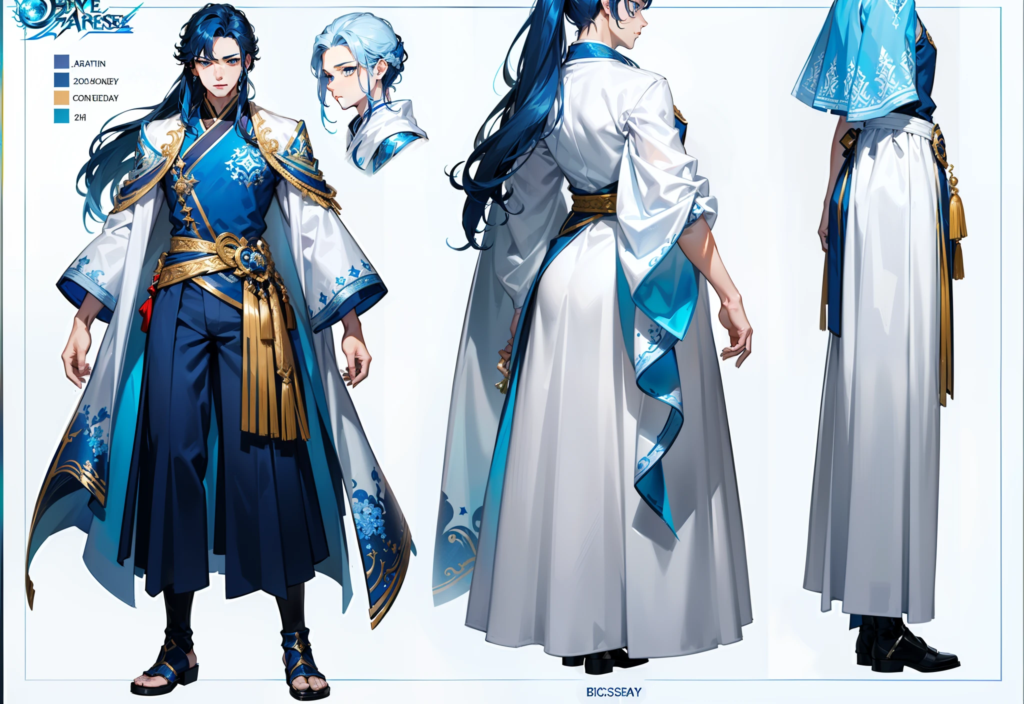 1boy, single, asian boy, reference sheet, character design, front angle, side angle, rear angle, dynamic poses, (masterpiece:1.2), (best quality:1.3), ice fantasy outfit, muscle body, athletic body. (Blue eyes), (long hair), (long bangs), (blue hair), (pale skin), (reference sheet:1.5)
