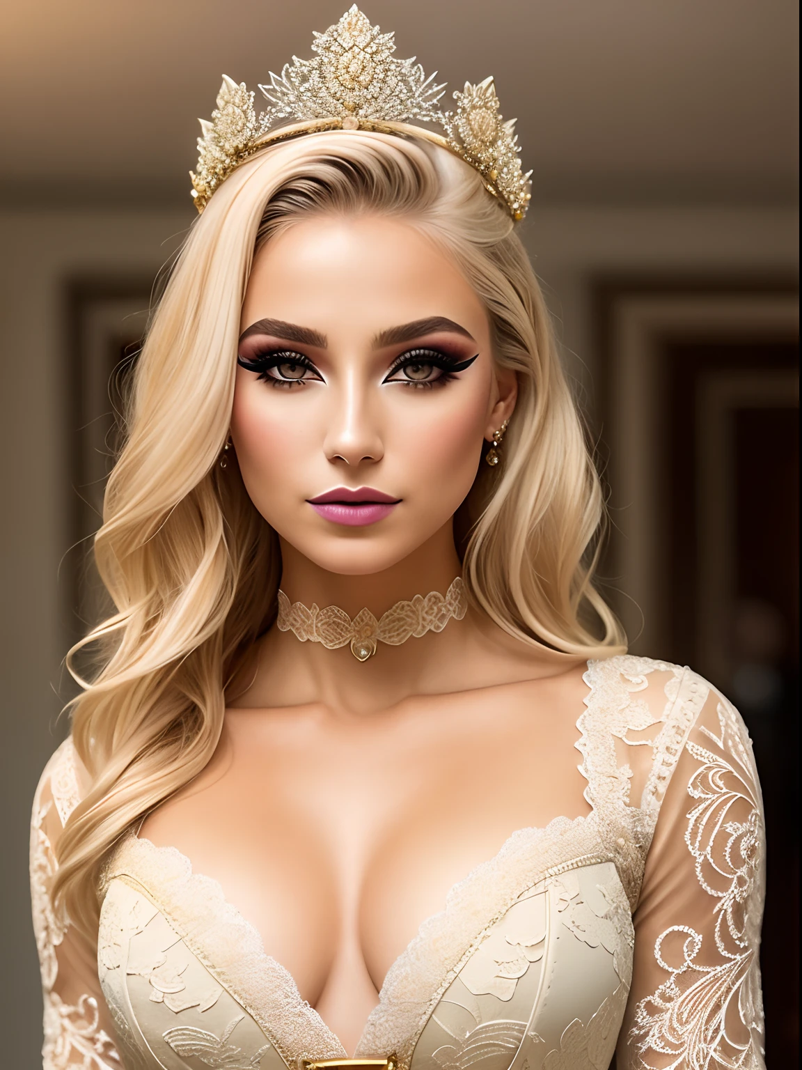 A portrait of a blonde, (makeup:1.4), amazing body, (fit body:1.2), lace outfit, highly detailed fur, natural skin texture, 4k textures, detailed belly, Highly detailed perfect smooth skin, Lightroom, Intricate, Ultra-Realistic, Out There, (HDR:1.3), UHD, (Intricate Detail, Hyper-Detailed:1.1), Cinematic, Photoreal, (Dark Shot:1.2), Dramatic, High Contrast, (Warm Color:1.1) , muted colors, master piece, elegant, sharp focus, queen, royalty