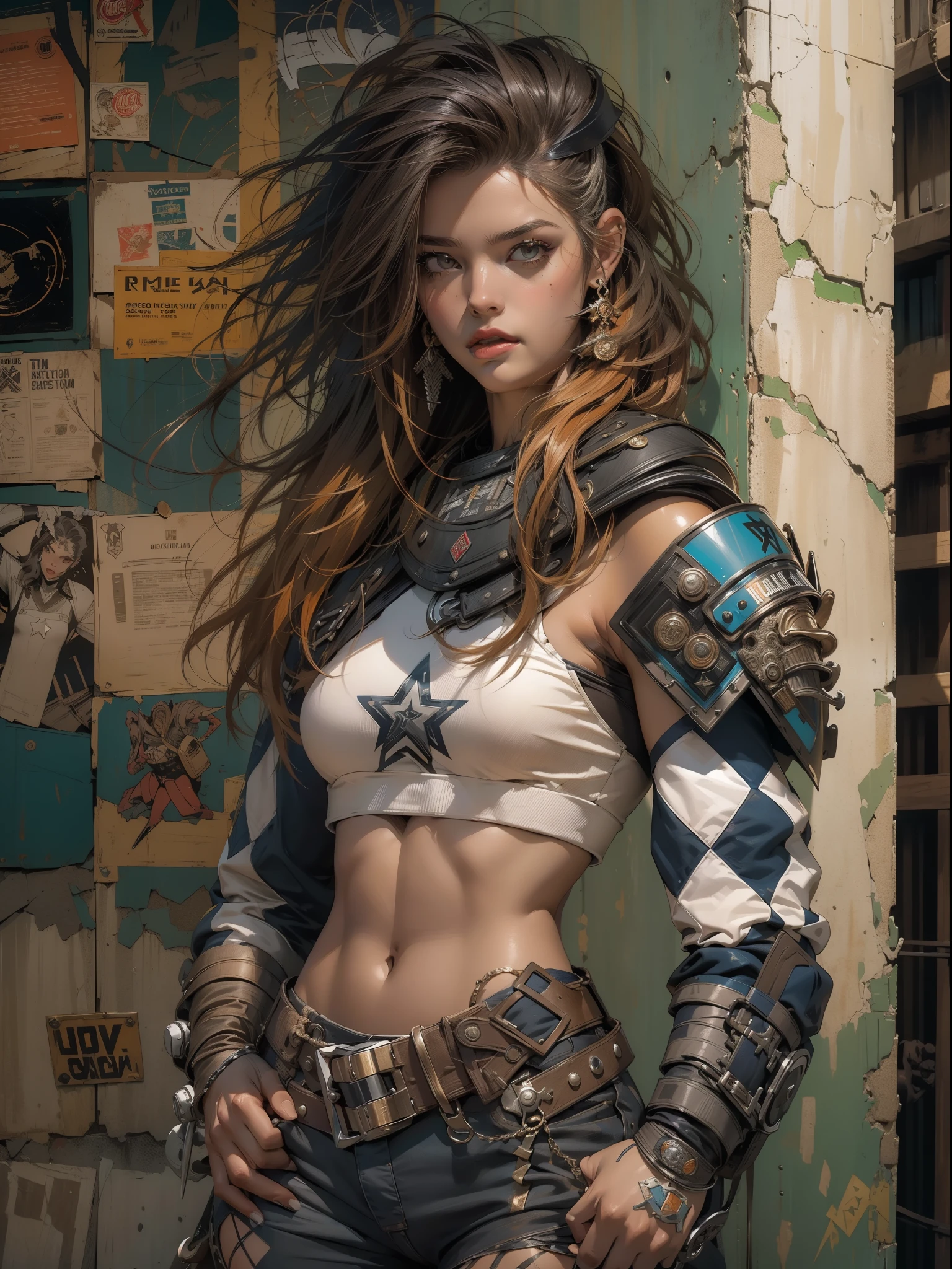 (((mulher))), (((melhor qualidade))), (((obra prima))), (((adulto))), (((1girl))), ((( corte de cabelo bob ))), Uma gladiadora cyberpunk mulher de 25 anos com corpo perfeito, shoulder pads with metal spines, Gladiadores do Brooklyn, (( corte de cabelo bob )), tiny leather panties, camiseta de time de rugby rasgada, quase nua no estilo selvagem urbano de Simon Bisley para a capa da revista Heavy Metal, Cabelo loiro curto, Minimum clothing, Metal protection on the left arm with intricate graphics, dark orange with white stars and checkerboard pattern white and navy blue and copper, armadura, cheio de pontas e rebites, (((do joelho pra cima))), cabelos loiro branco curto, no fundo uma parede pintada por Shepard Fairey com um design intrincado