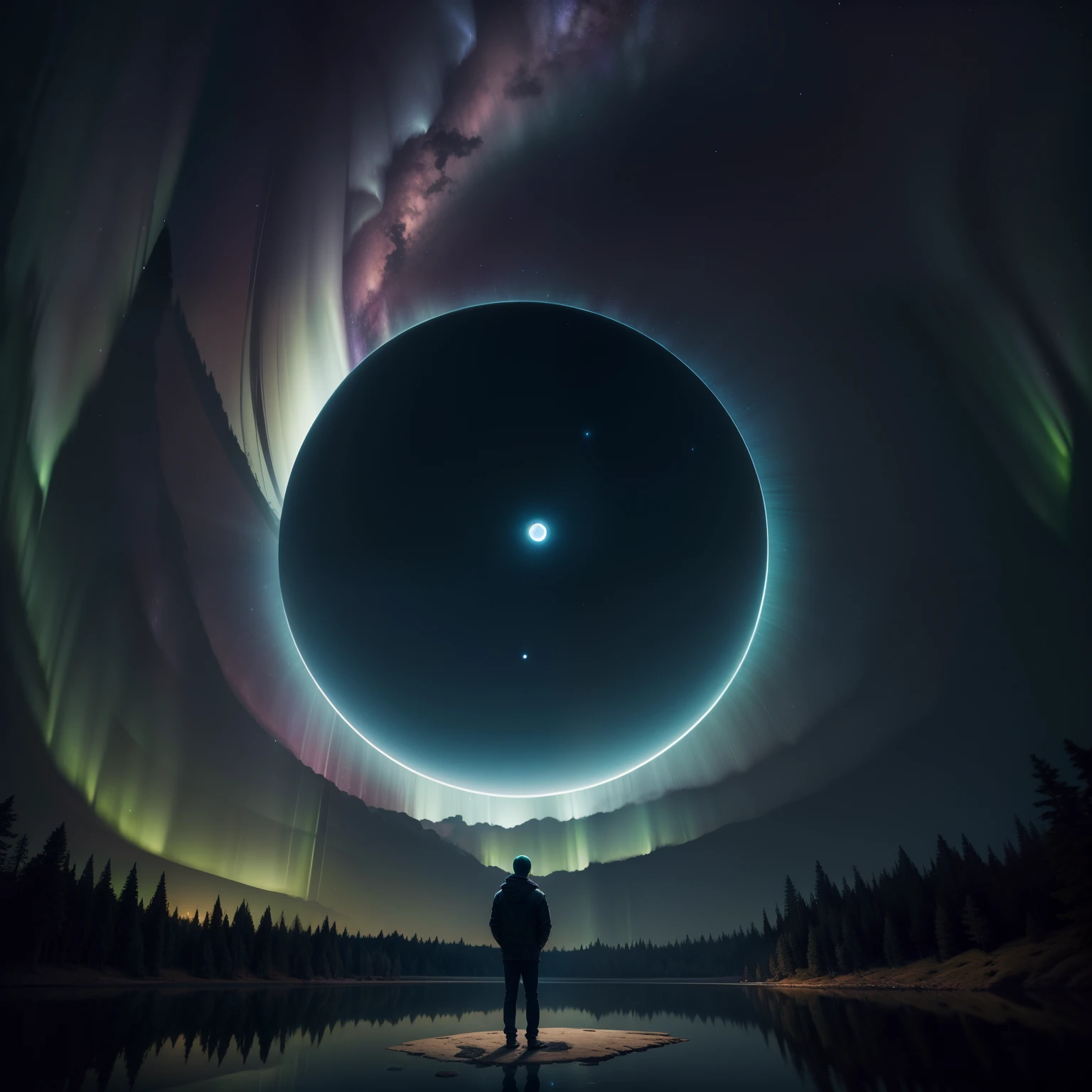 Imagine a man watching a giant eye in the sky standing in a shallow lake, homem observando noite com estrelas, aurora boreal, with trees outside the lake, Man watching a large eye in the sky, Giant eye in the sky, 4k, Uplighting