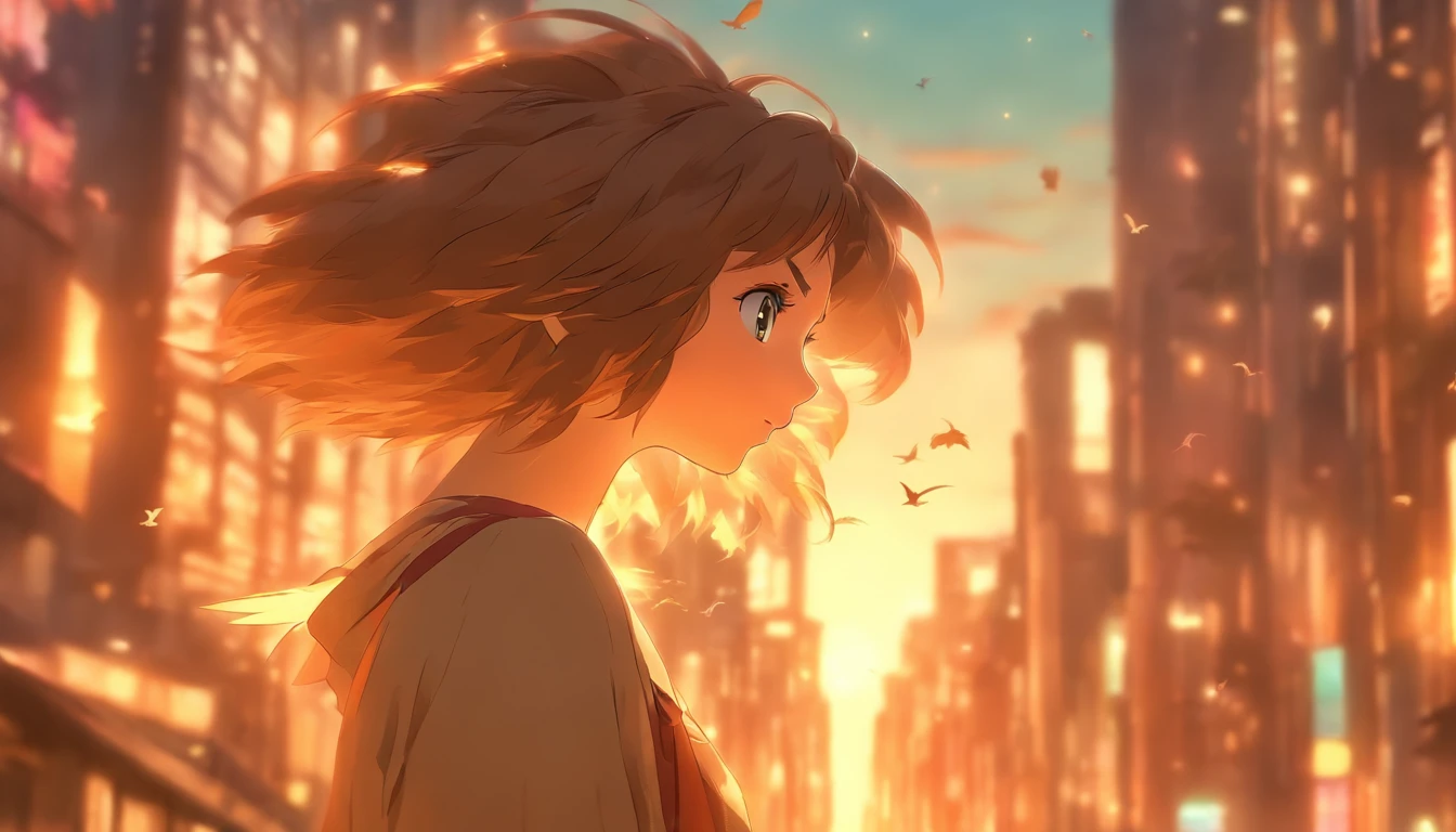 uma com cabelo branco vestindo um casaco marrom e fones de ouvido, Looking sideways at the bustling city with birds flying in the glow of the sunset, (melhor qualidade, 4k, Altas, ultra-detalhado), with an artistic touch of pencil drawing, cores vibrantes, and soft lighting, corpo inteiro
