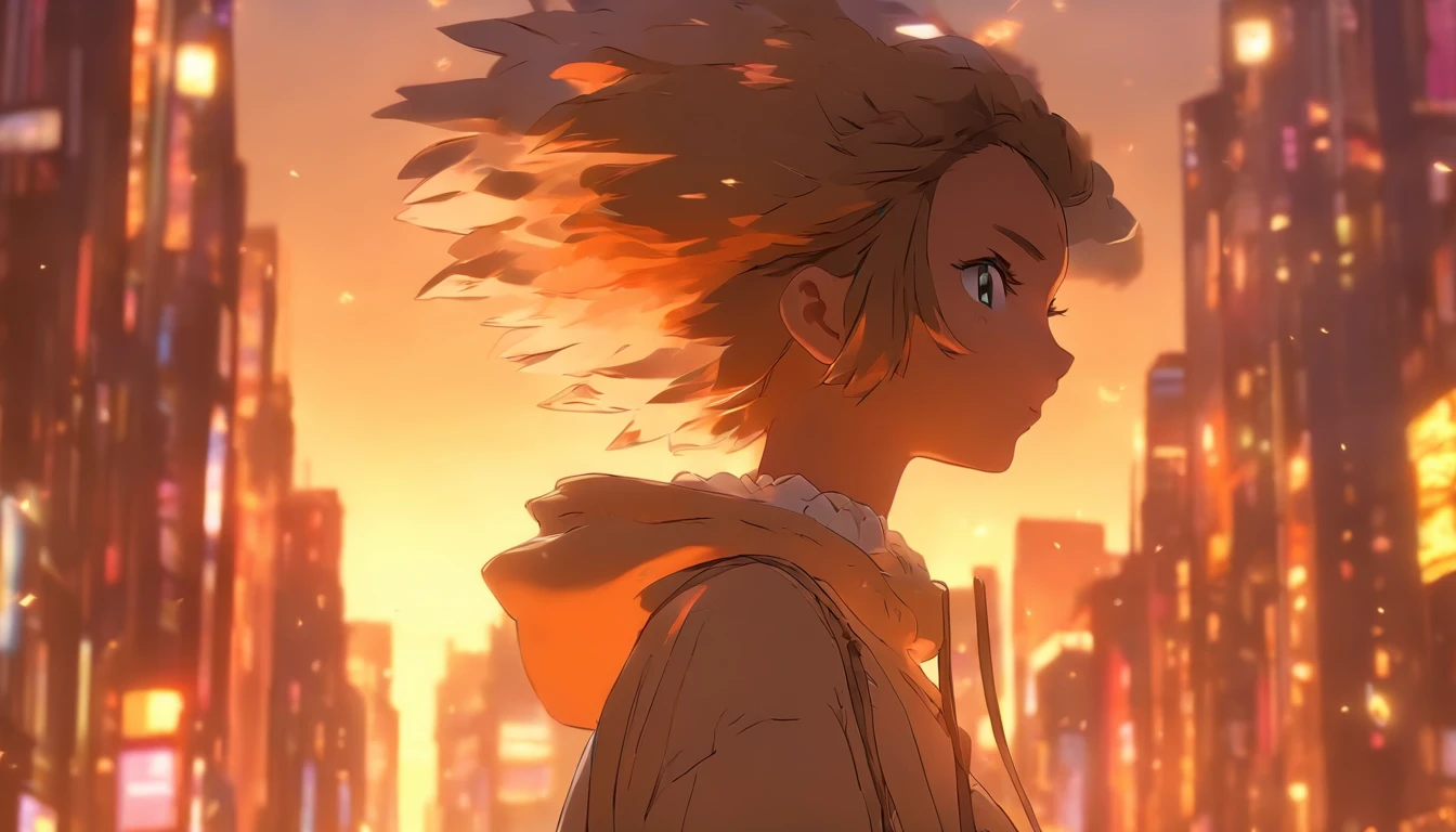 uma com cabelo branco vestindo um casaco marrom e fones de ouvido, Looking sideways at the bustling city with birds flying in the glow of the sunset, (melhor qualidade, 4k, Altas, ultra-detalhado), with an artistic touch of pencil drawing, cores vibrantes, and soft lighting, corpo inteiro