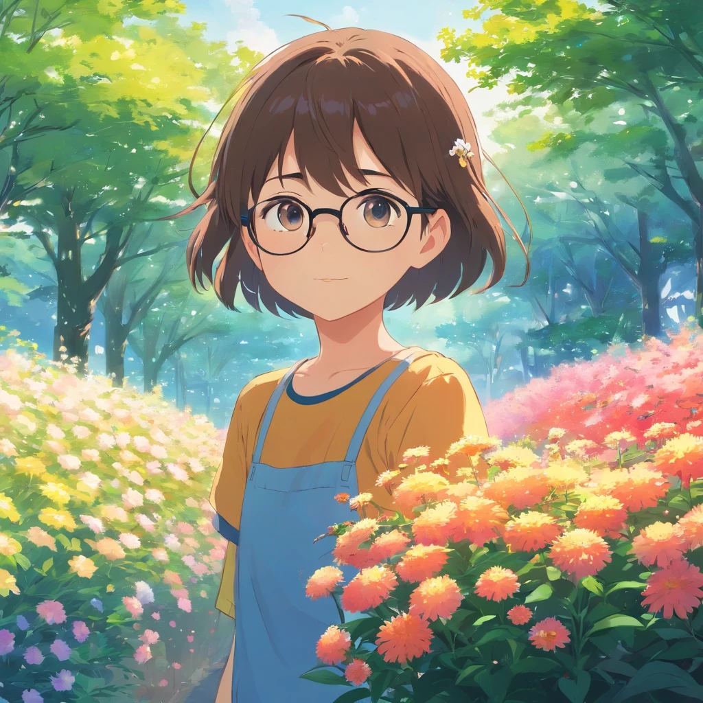 A little girl with glasses looks at the flowers on the tree