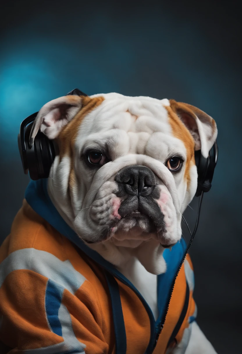 English bulldog wearing an adidas 80s sweatshirt with a headset
