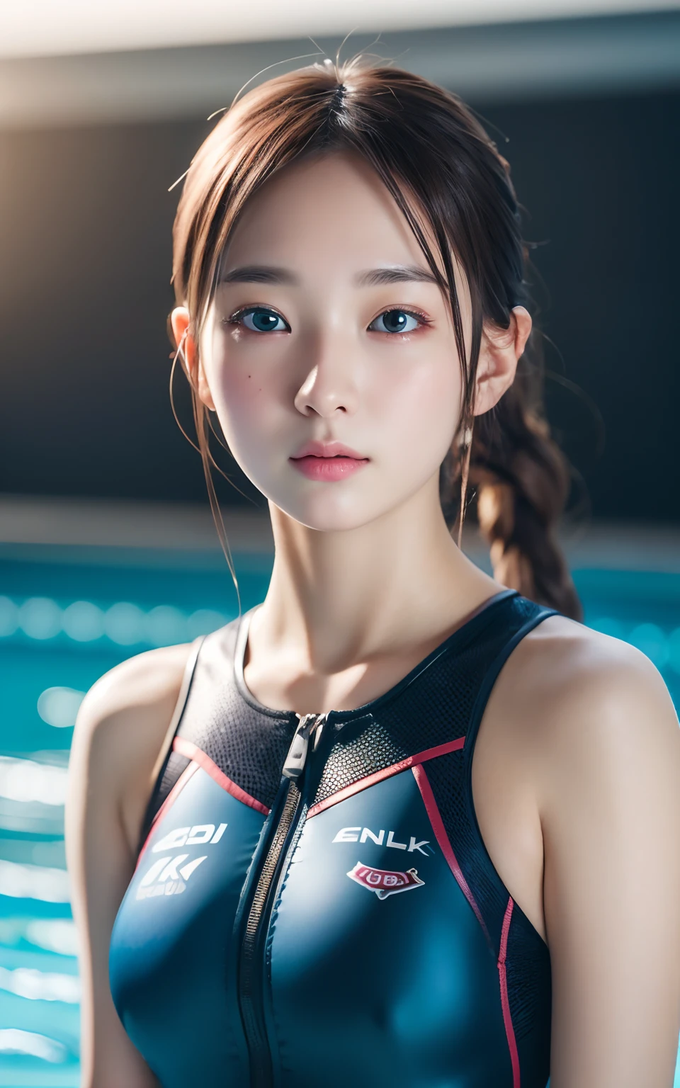 Highly detailed CG Unity 8k wallpaper, top quality, super detailed, masterpiece, realistic, photorealistic, highly detailed cute girl, (25 years old), blush, round eyes, medium breasts, viewer, semi-body shot, swimming race suit, arena