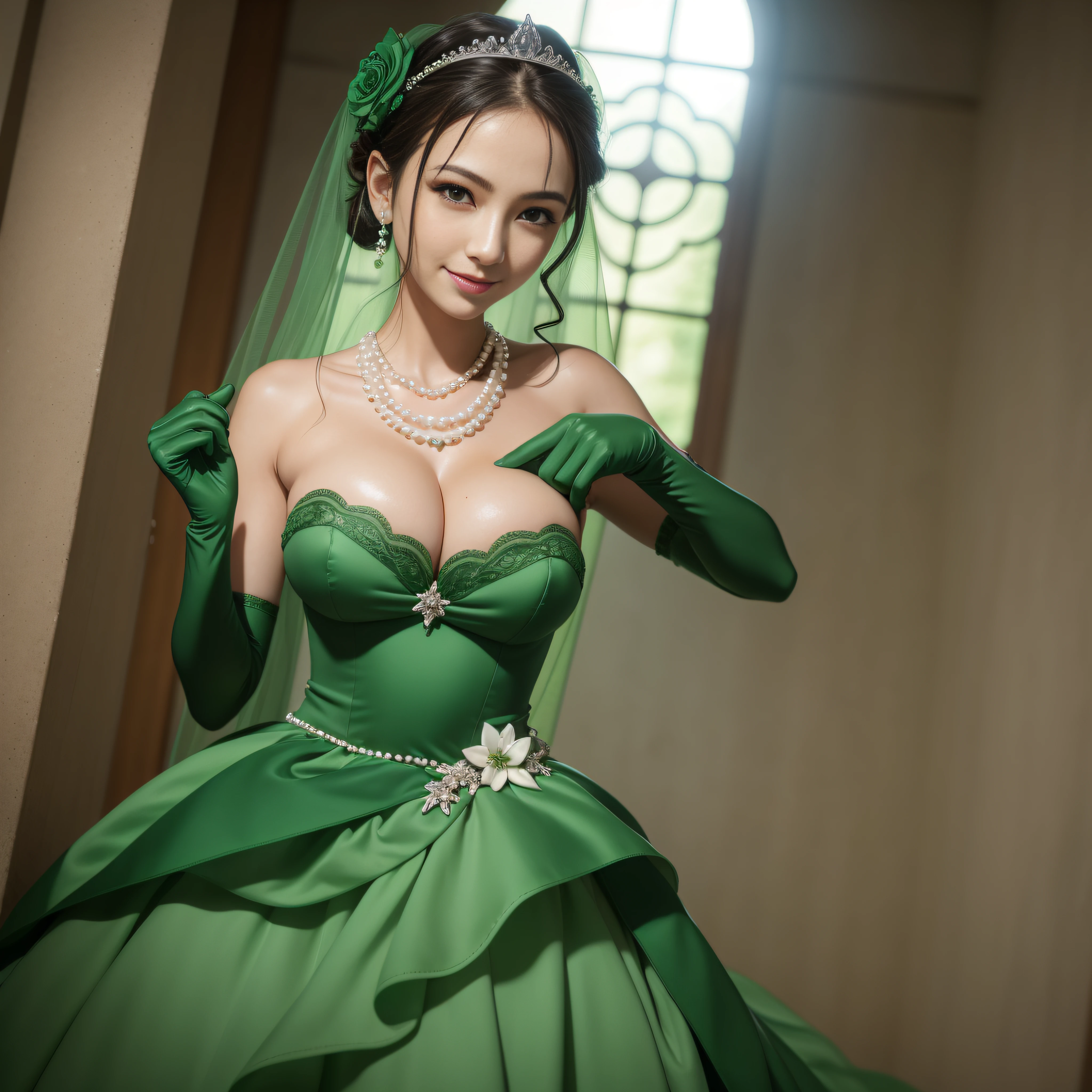 studio lights、depth of fields、The upper part of the body、A slender、cute  face、A smile、Beautiful detail eyes、Green Dress Flower Cleanser，Sense of atmosphere, best qualtiy，tmasterpiece，1girll，30-years old，Green dress，Daytime Church，full body Esbian, Green gloves，With short green hair，big breasts beautiful，looking at viewert，ssmile，Green Bridal Veil，Green Long Grove，Satin green long gloves,　lipsticks, Pearl Necklace、Green gloves,　emerald tiara, A Japanese Lady, Pregnant Woman, Pregnancy