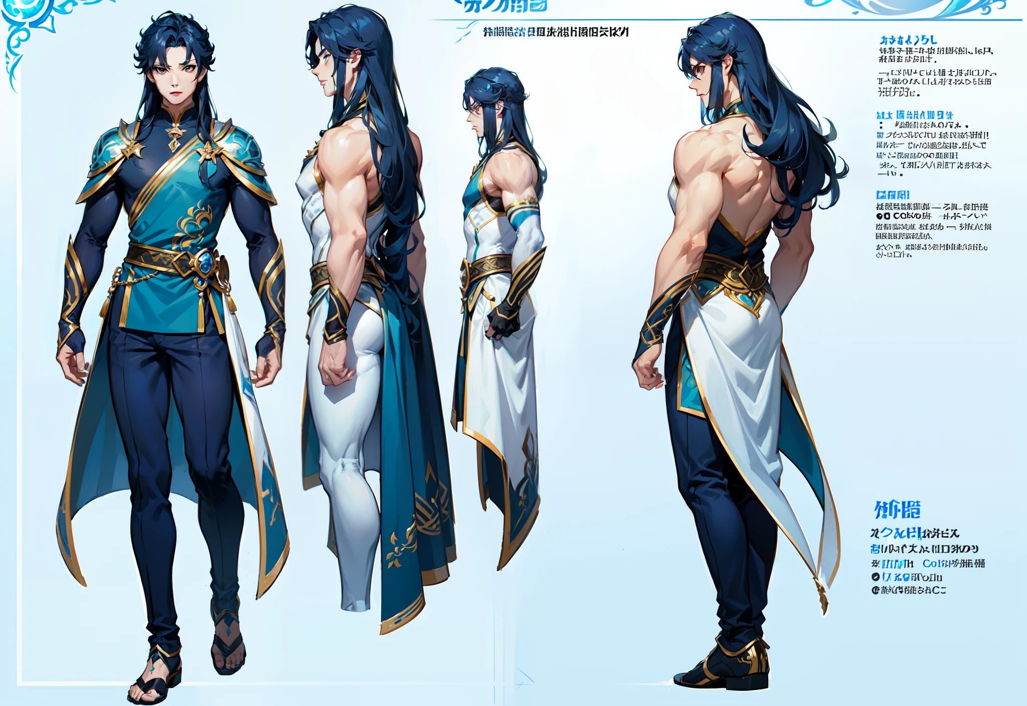 1boy, single, asian boy, reference sheet, character design, front angle, side angle, rear angle, dynamic poses, (masterpiece:1.2), (best quality:1.3), ice fantasy outfit, muscle body, athletic body. (Blue eyes), (long hair), (long bangs), (blue  hair), (pale skin), (reference sheet:1.5)